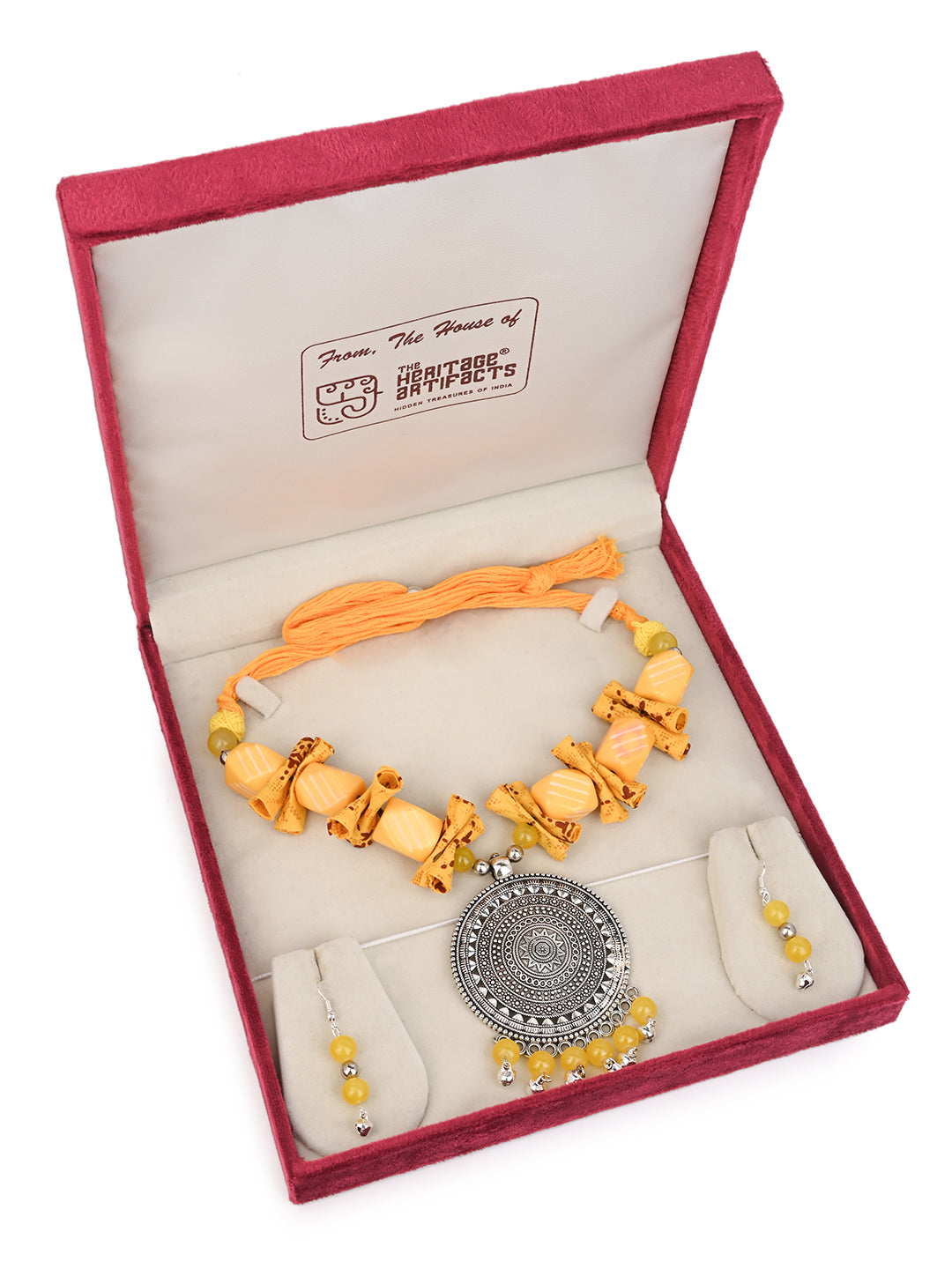 MAURYANA - Yellow color beaded necklace with metal pendant and earrings - adjustable length