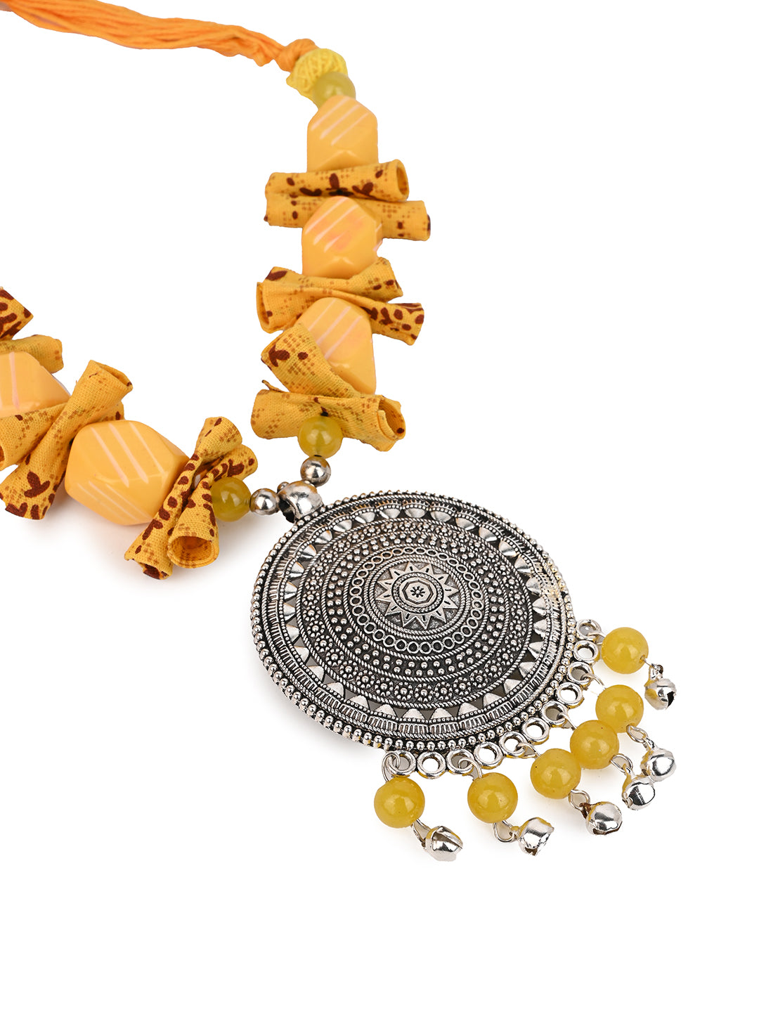 MAURYANA - Yellow color beaded necklace with metal pendant and earrings - adjustable length