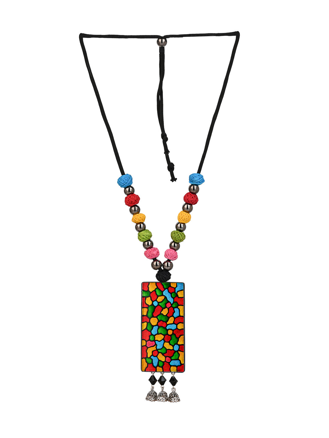 MAURYANA - Multicolor beaded necklace with glass pendant and earrings - adjustable length