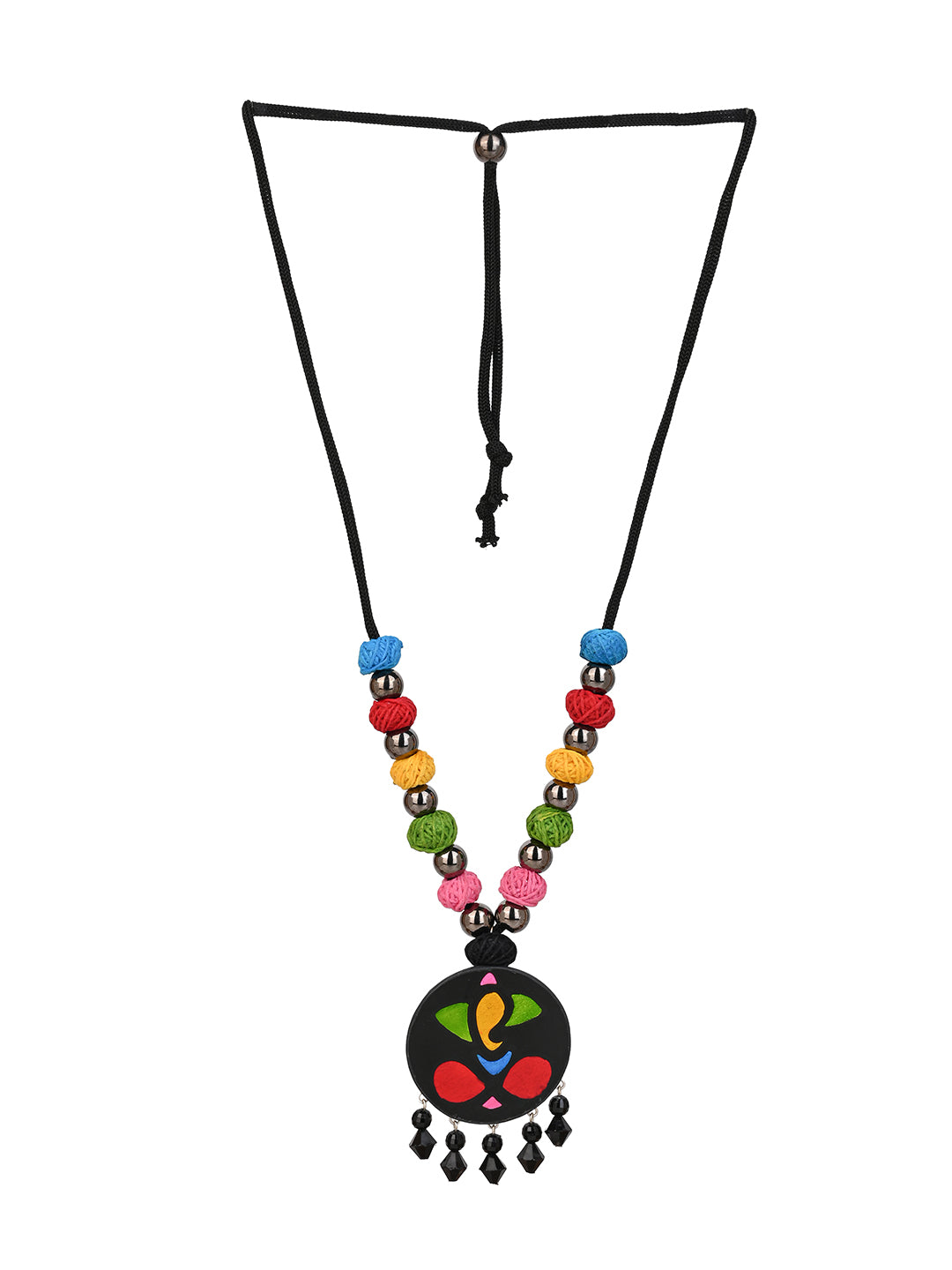 MAURYANA - Colorful glass ganesha pendant necklace with pair of earrings - adjustable length