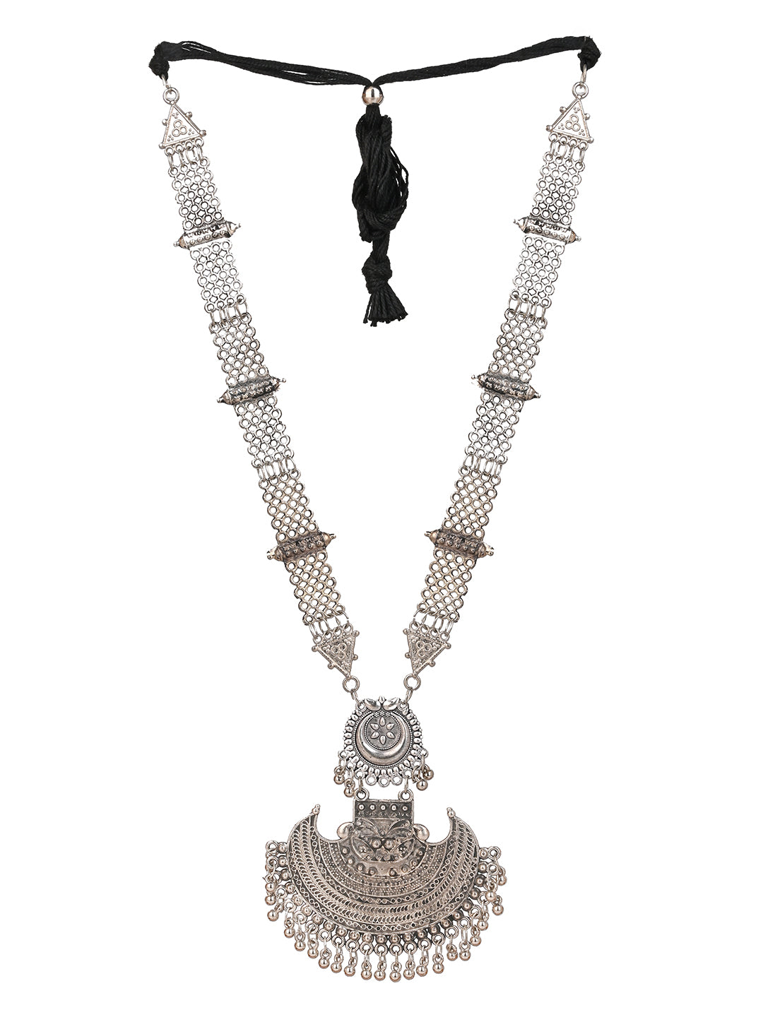 MAURYANA - Oxidised silver half moon pendant necklace set with earrings - adjustable length