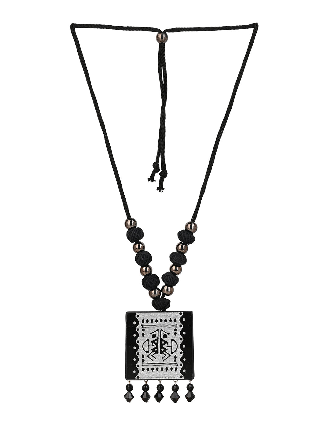 MAURYANA - Black beaded necklace with glass pendant and pair of earrings - adjustable length