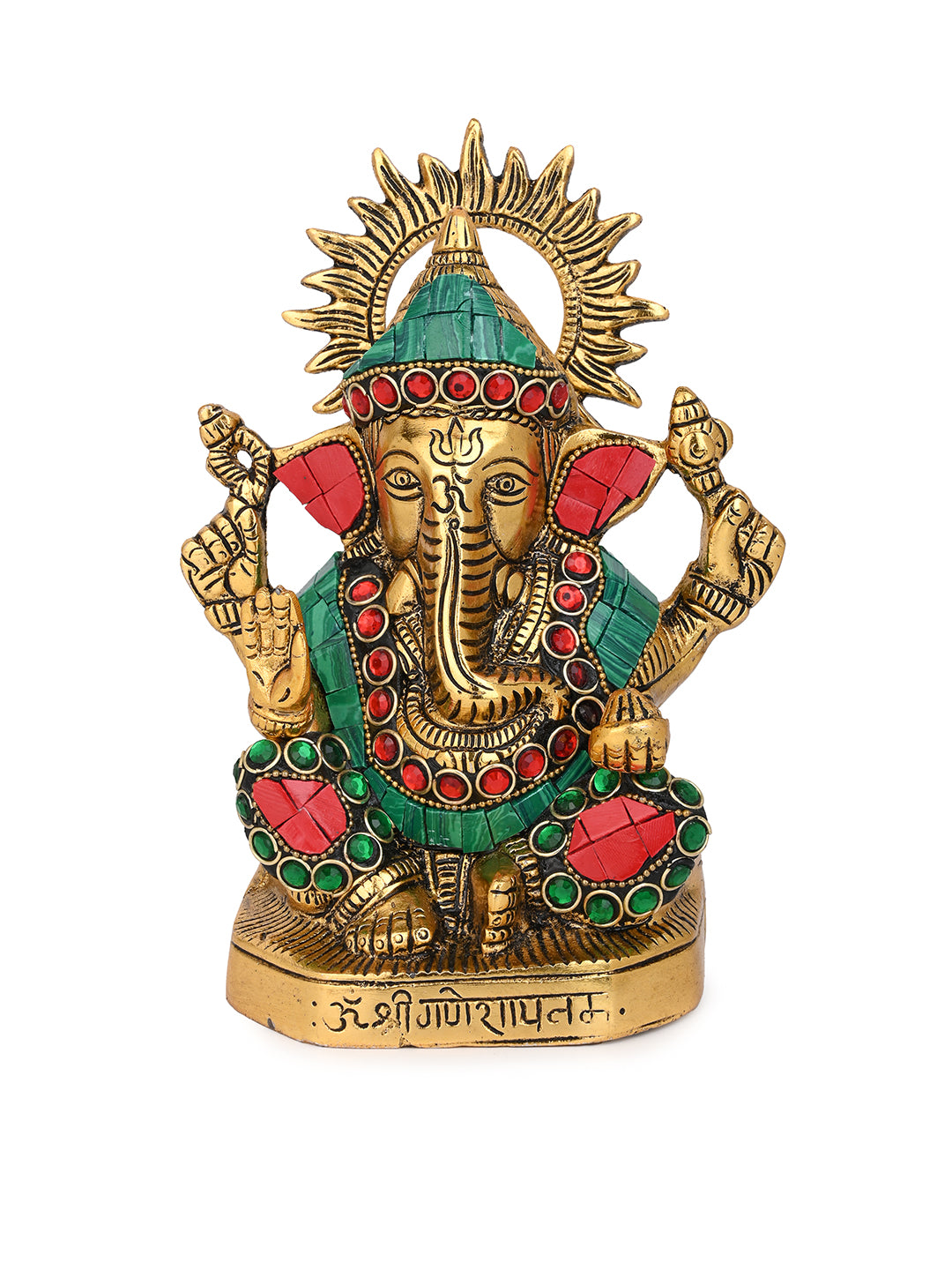 Aluminium Crafted Lord Ganesh Idol with Colorful Stone Embellishment - 8 inches