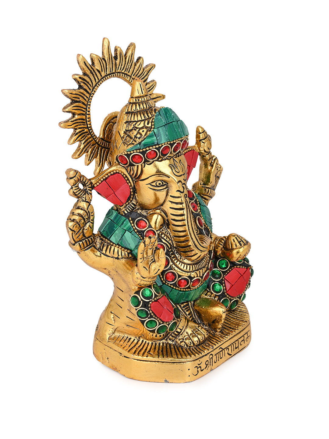 Aluminium Crafted Lord Ganesh Idol with Colorful Stone Embellishment - 8 inches