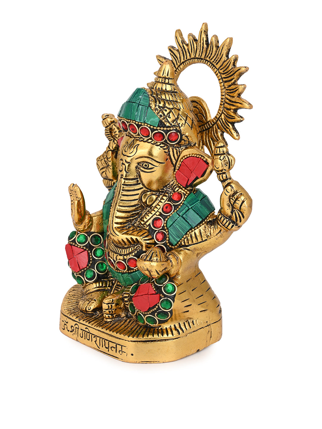 Aluminium Crafted Lord Ganesh Idol with Colorful Stone Embellishment - 8 inches