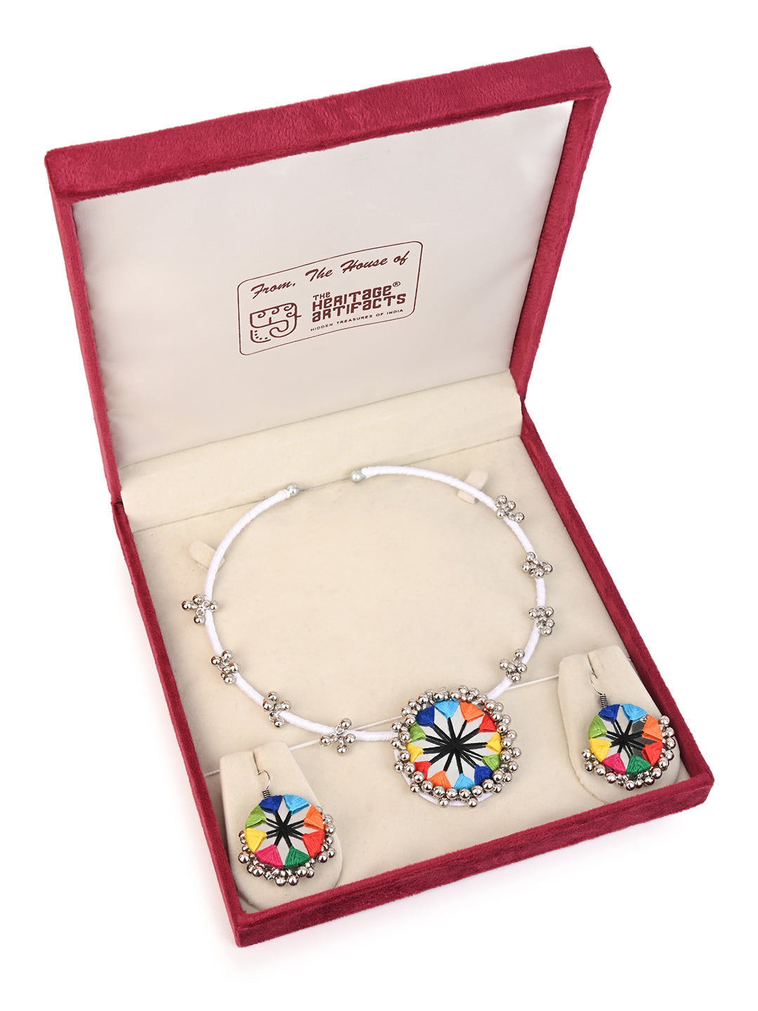 MAURYANA - Colorful embroidered hasuli necklace set with earrings - adjustable opening