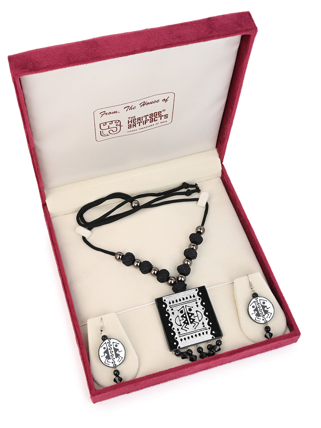 MAURYANA - Black beaded necklace with glass pendant and pair of earrings - adjustable length