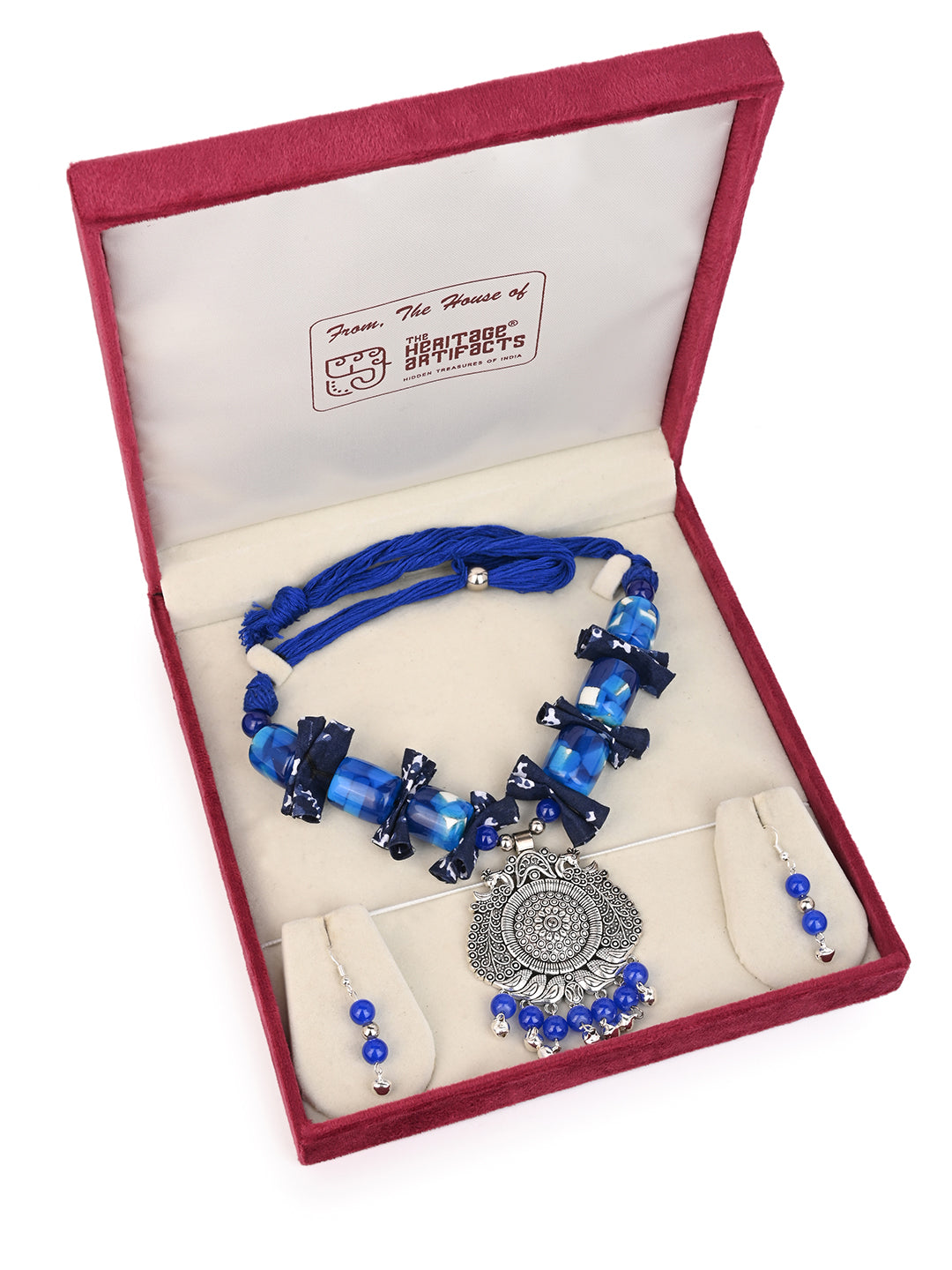 MAURYANA - Blue color beaded necklace with metal pendant and earrings - adjustable length