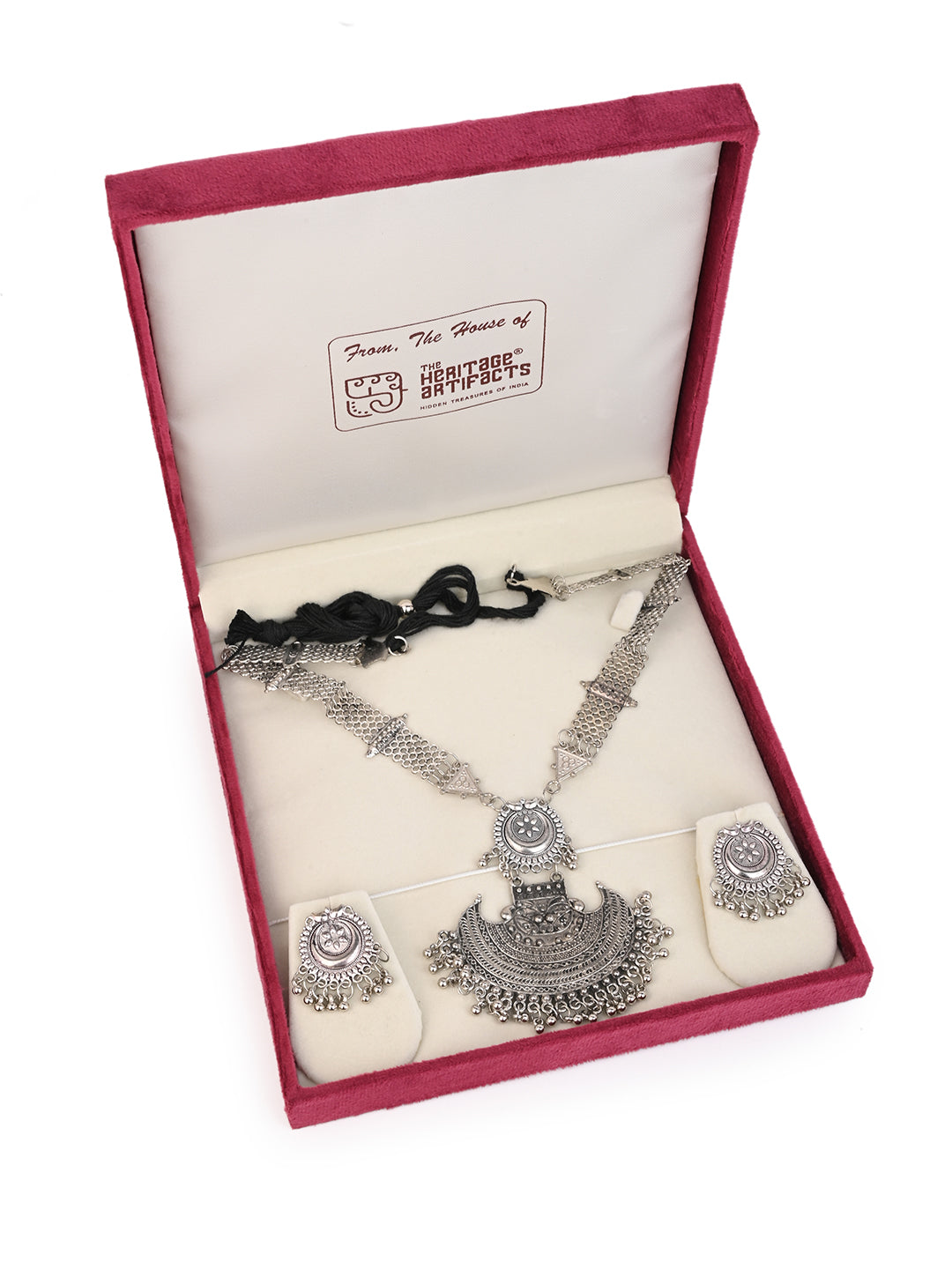 MAURYANA - Oxidised silver half moon pendant necklace set with earrings - adjustable length