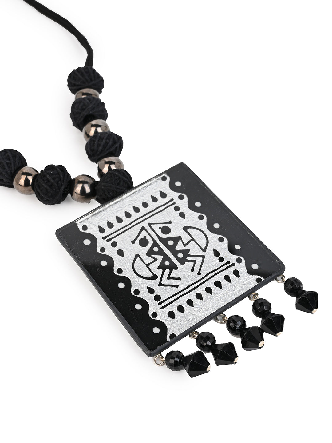 MAURYANA - Black beaded necklace with glass pendant and pair of earrings - adjustable length