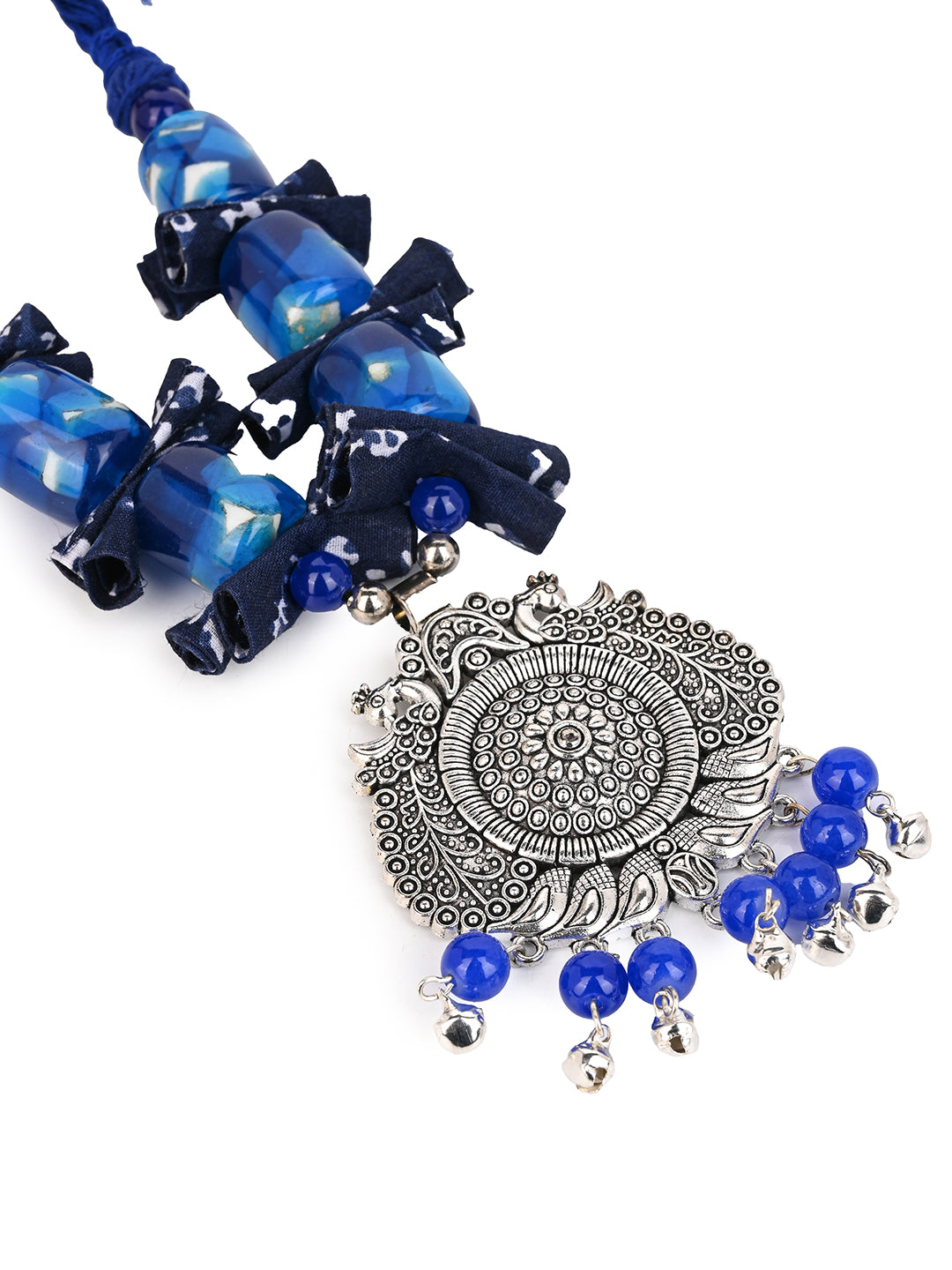 MAURYANA - Blue color beaded necklace with metal pendant and earrings - adjustable length