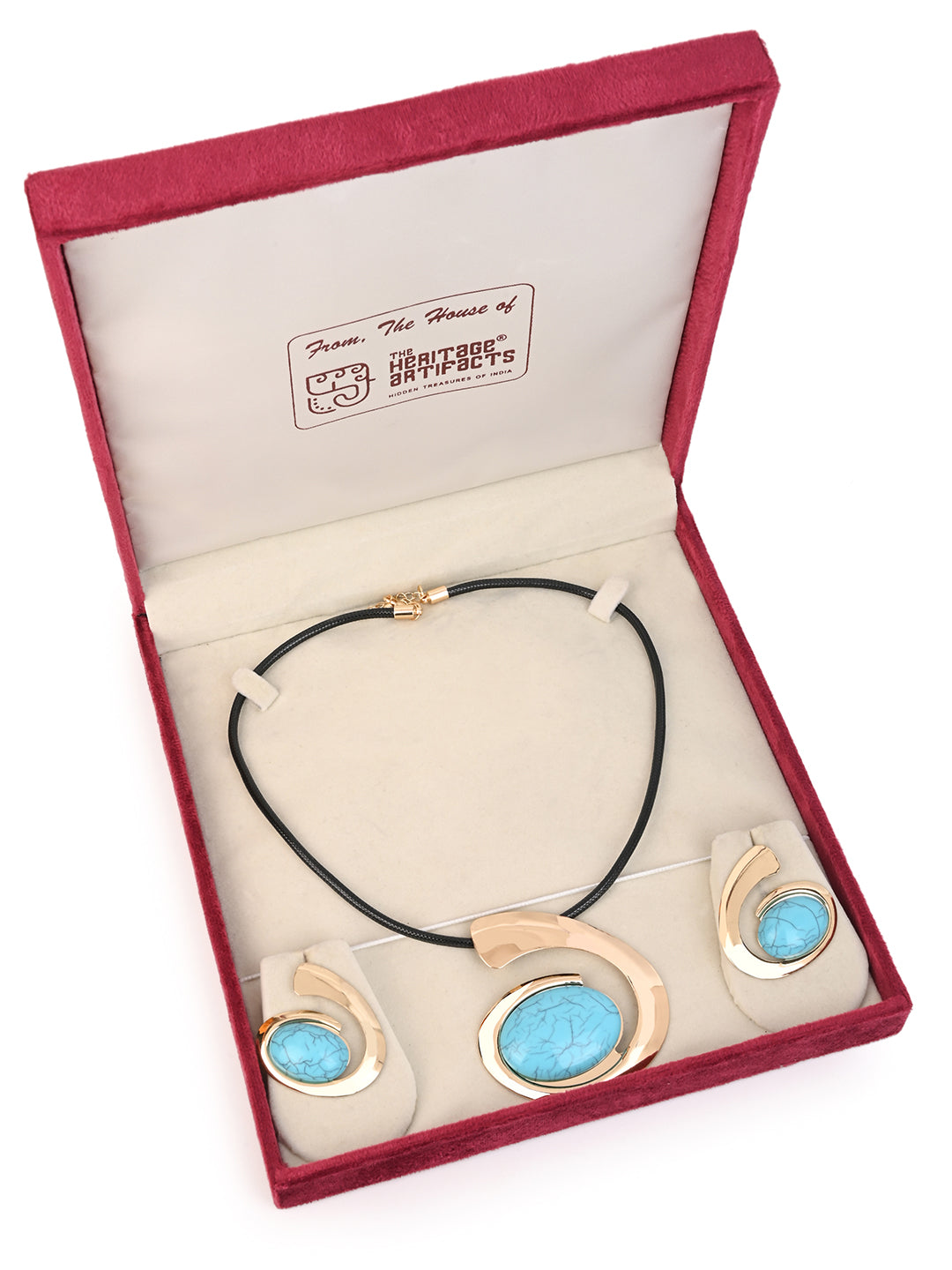 MAURYANA - Gold and Turquoise Pendant with Leather Strap Necklace and Matching Earrings