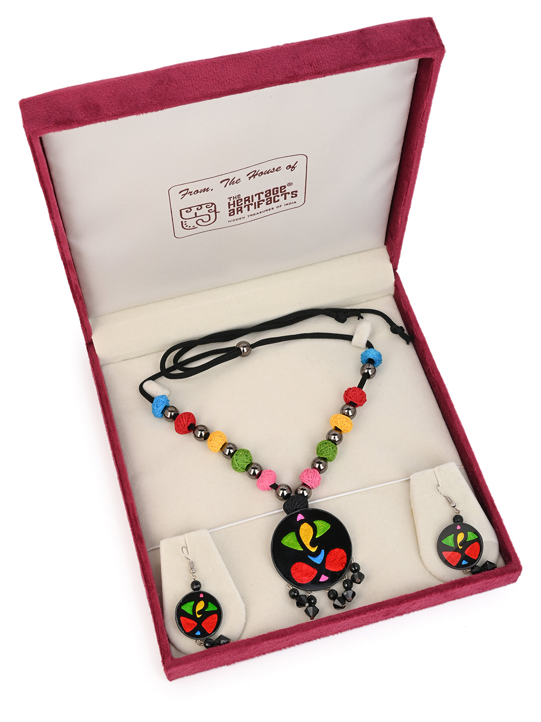 MAURYANA - Colorful glass ganesha pendant necklace with pair of earrings - adjustable length