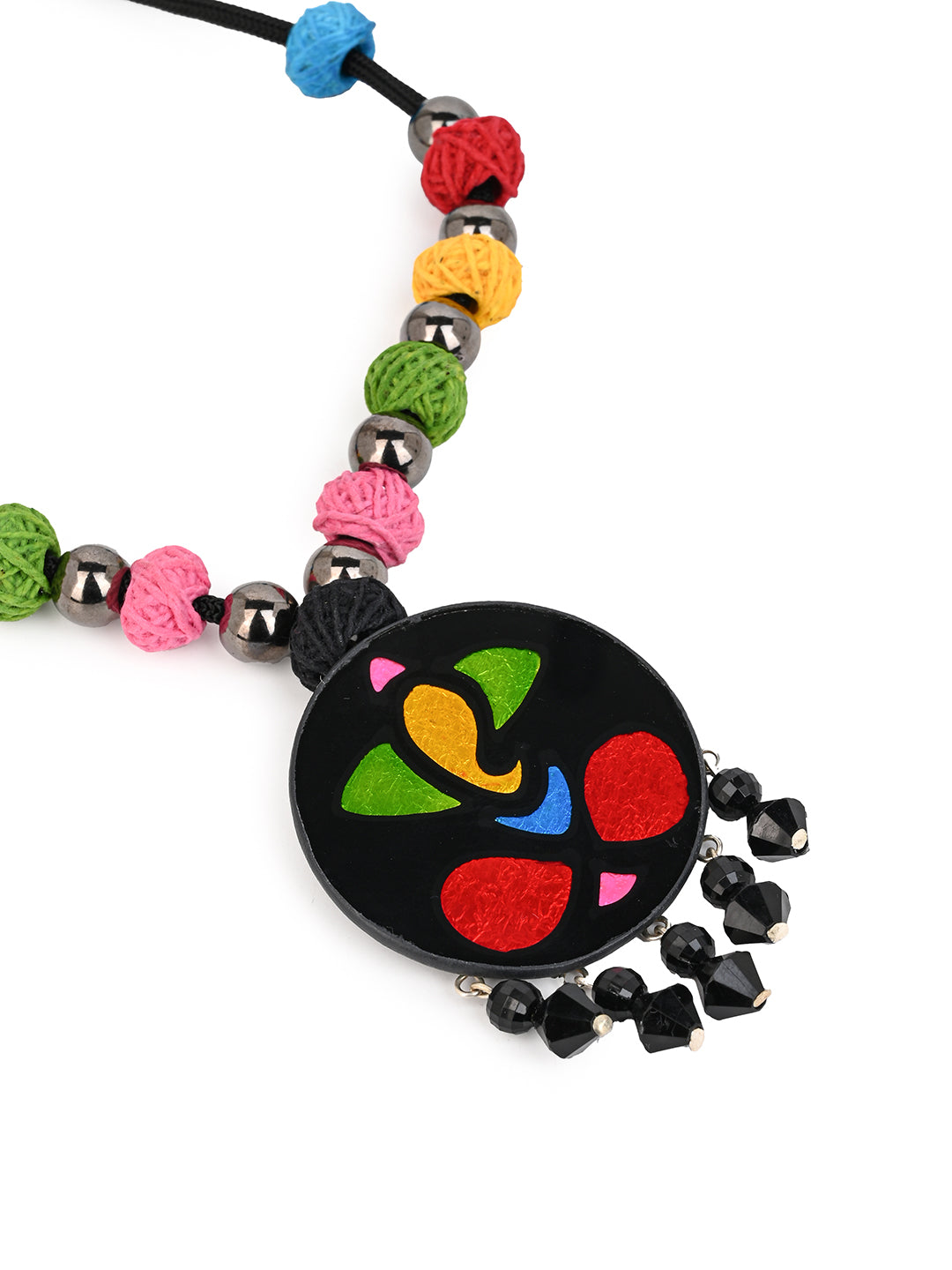 MAURYANA - Colorful glass ganesha pendant necklace with pair of earrings - adjustable length