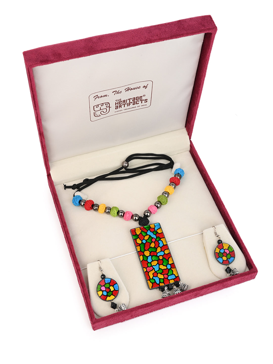 MAURYANA - Multicolor beaded necklace with glass pendant and earrings - adjustable length