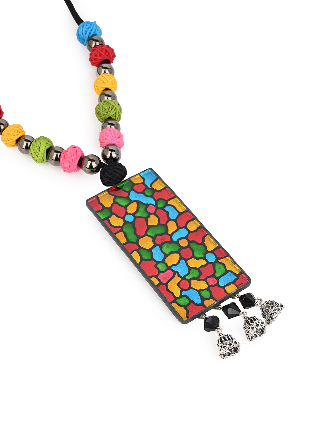 MAURYANA - Multicolor beaded necklace with glass pendant and earrings - adjustable length