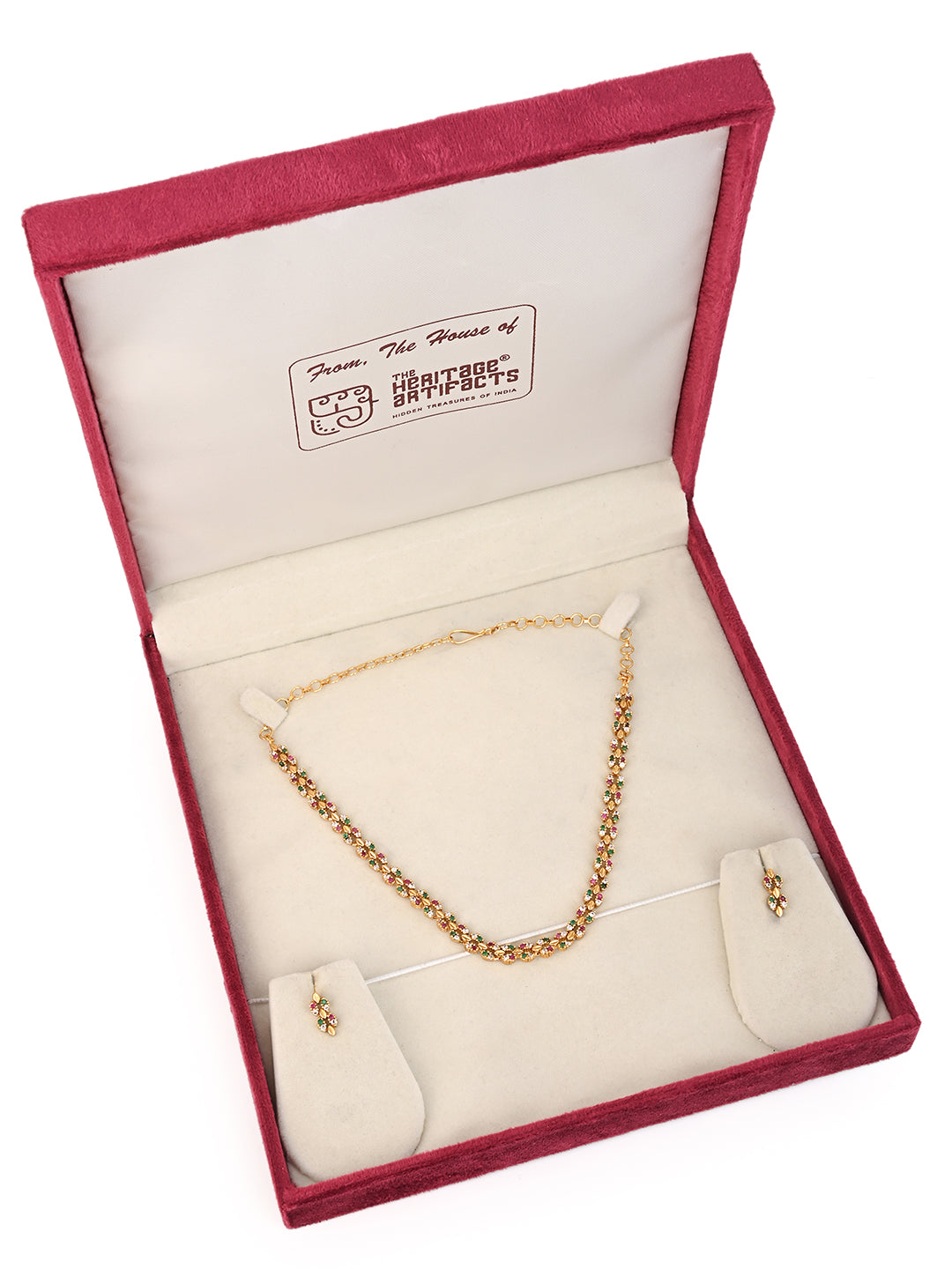 MAURYANA - Kundan mina necklace with leaf design and colorful stone work with pair of earrings - one size
