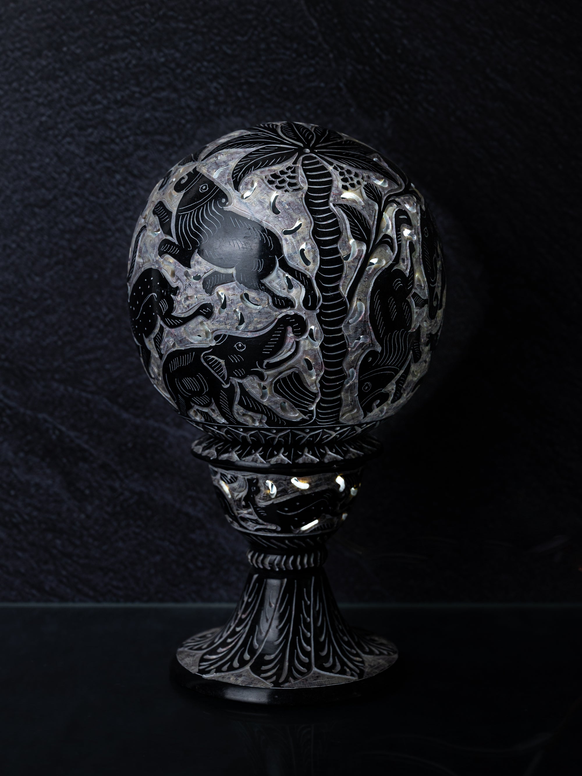 Black Stone Hand Crafted Round Ball Lamp Decor - 10 inches height