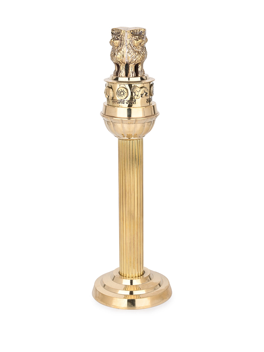 Brass crafted shining Ashoka pillar for office table decor - 11 inches