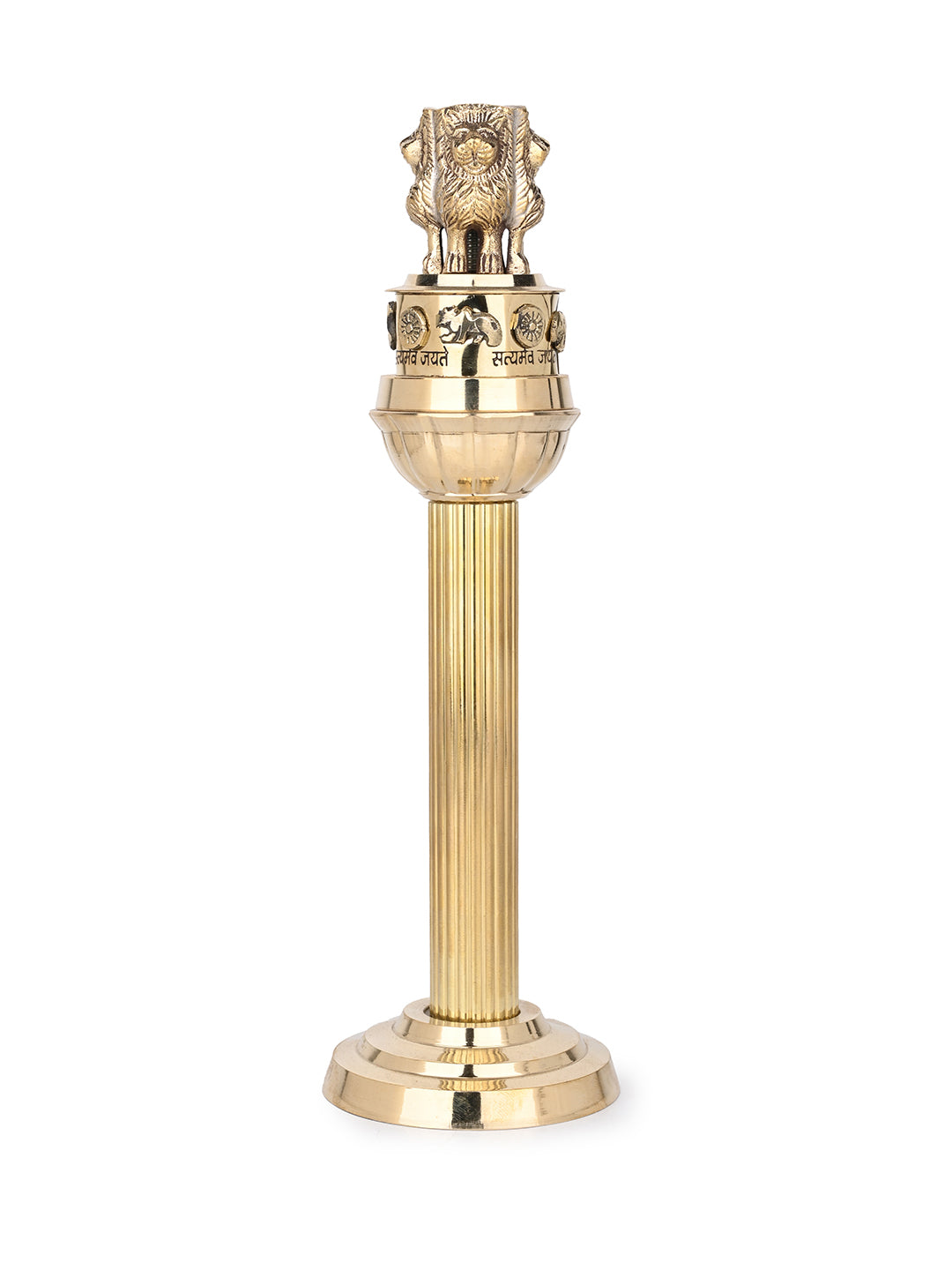 Brass crafted shining Ashoka pillar for office table decor - 11 inches