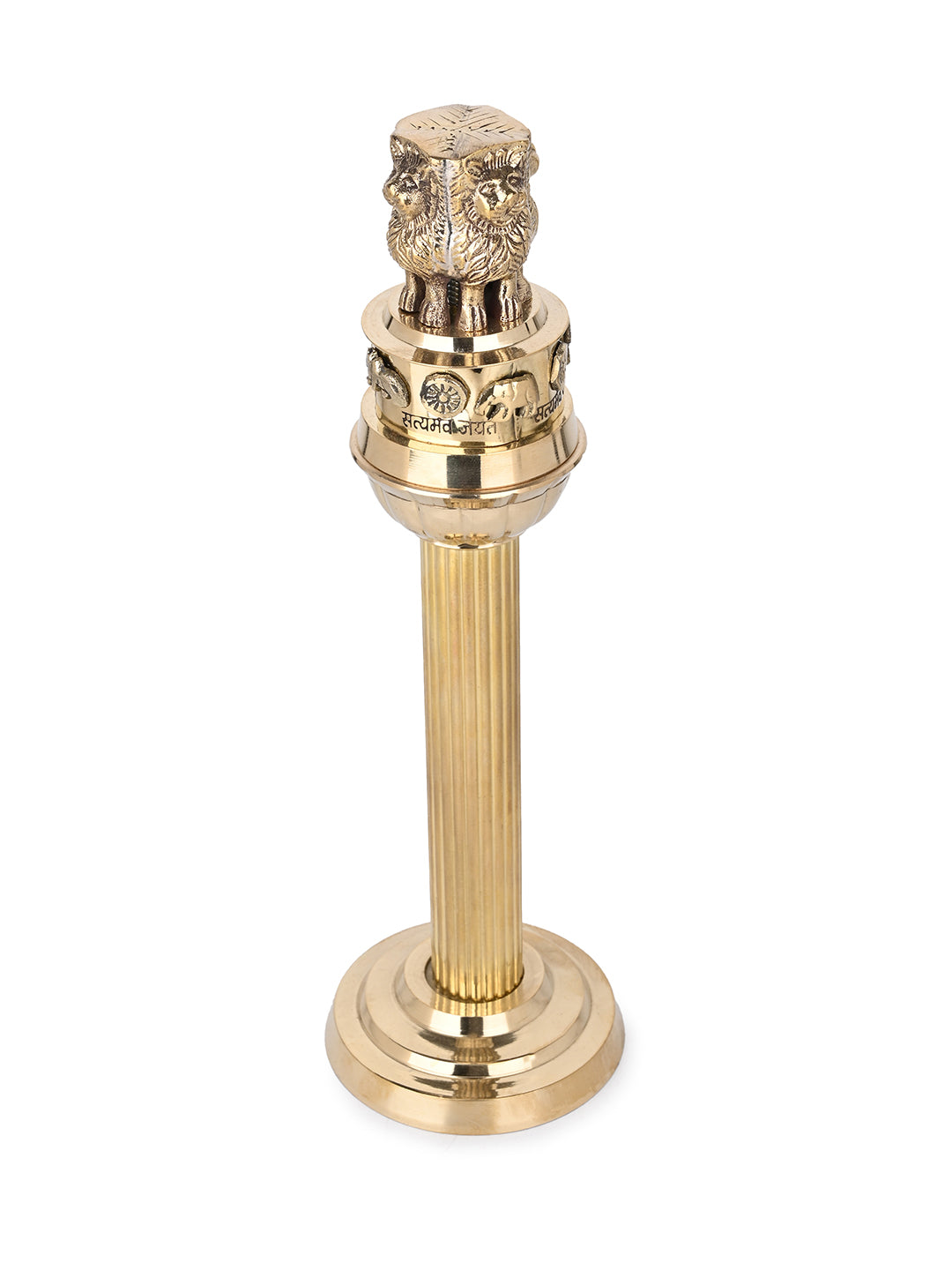 Brass crafted shining Ashoka pillar for office table decor - 11 inches
