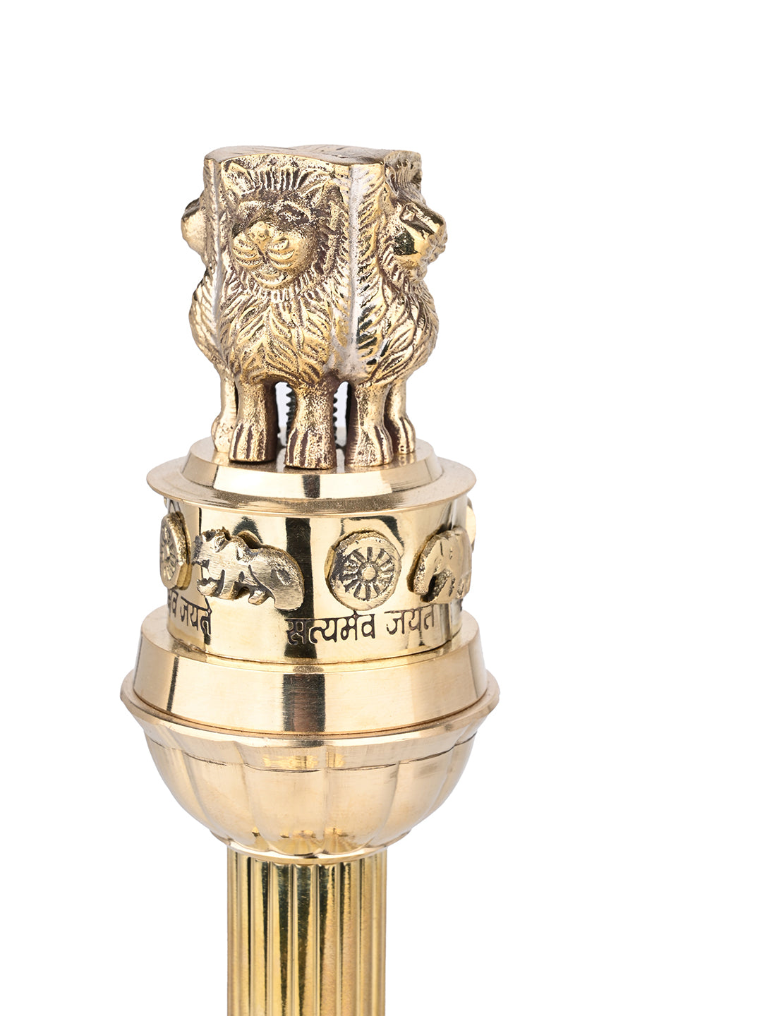 Brass crafted shining Ashoka pillar for office table decor - 11 inches