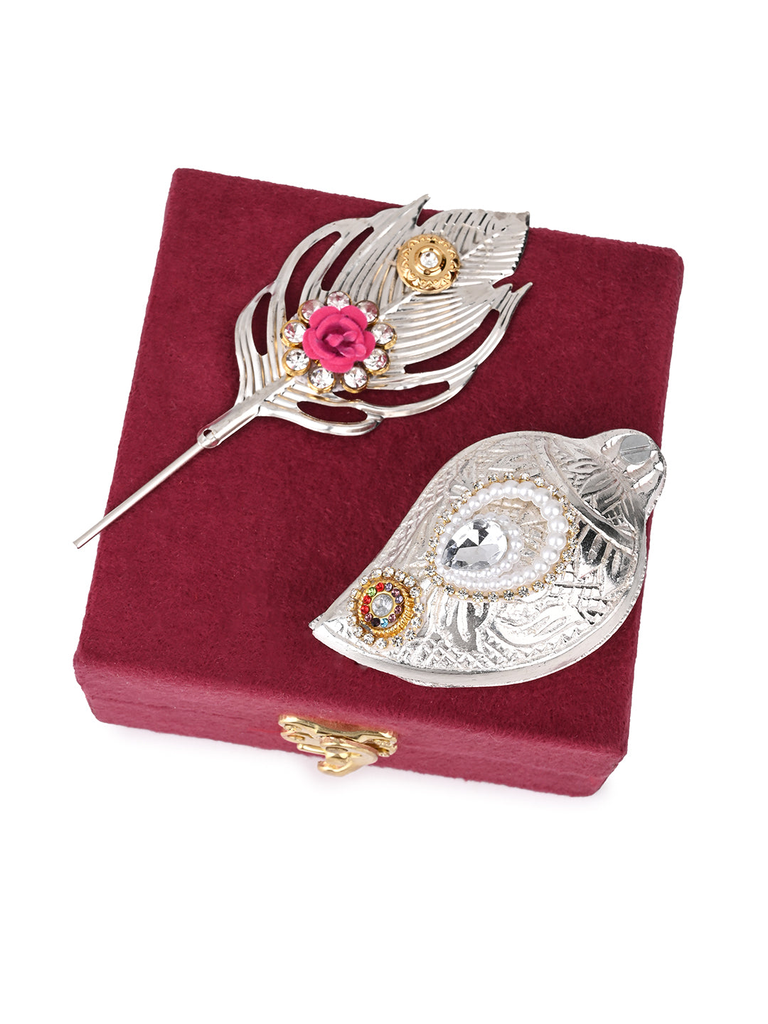 Peacock design tilak stick with sindoor box in a velvet gift box