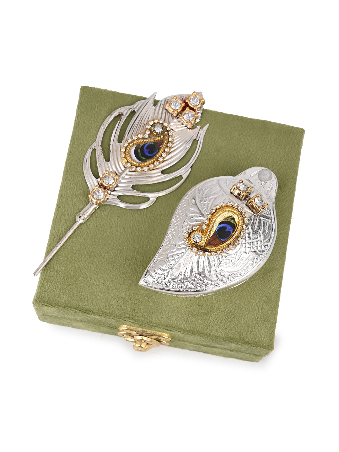 Colorful peacock design tilak tika with sindoor dibbi in a velvet box