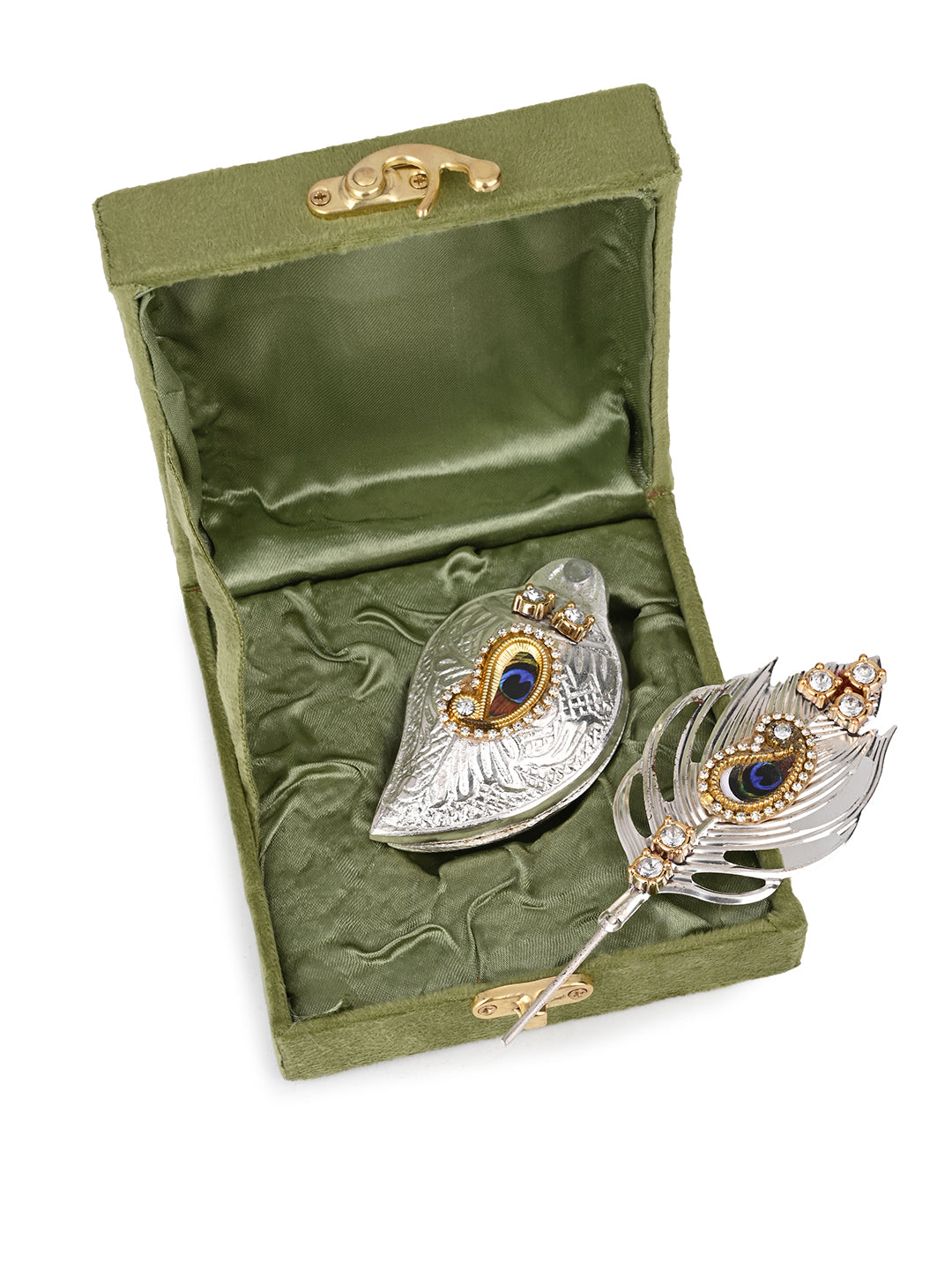 Colorful peacock design tilak tika with sindoor dibbi in a velvet box
