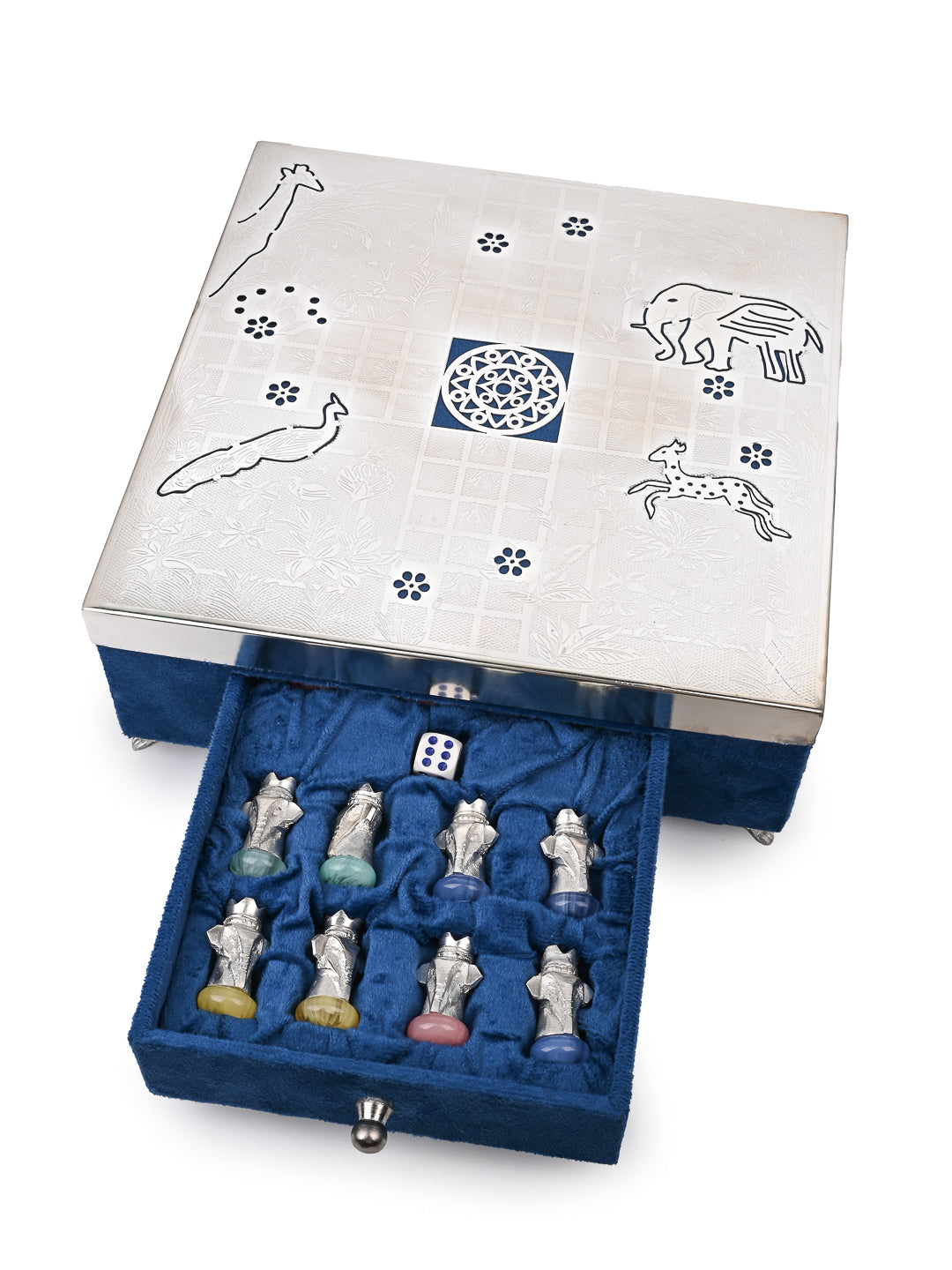 Modern unique Ludo in a wooden box with stainless steel board - 12 inches