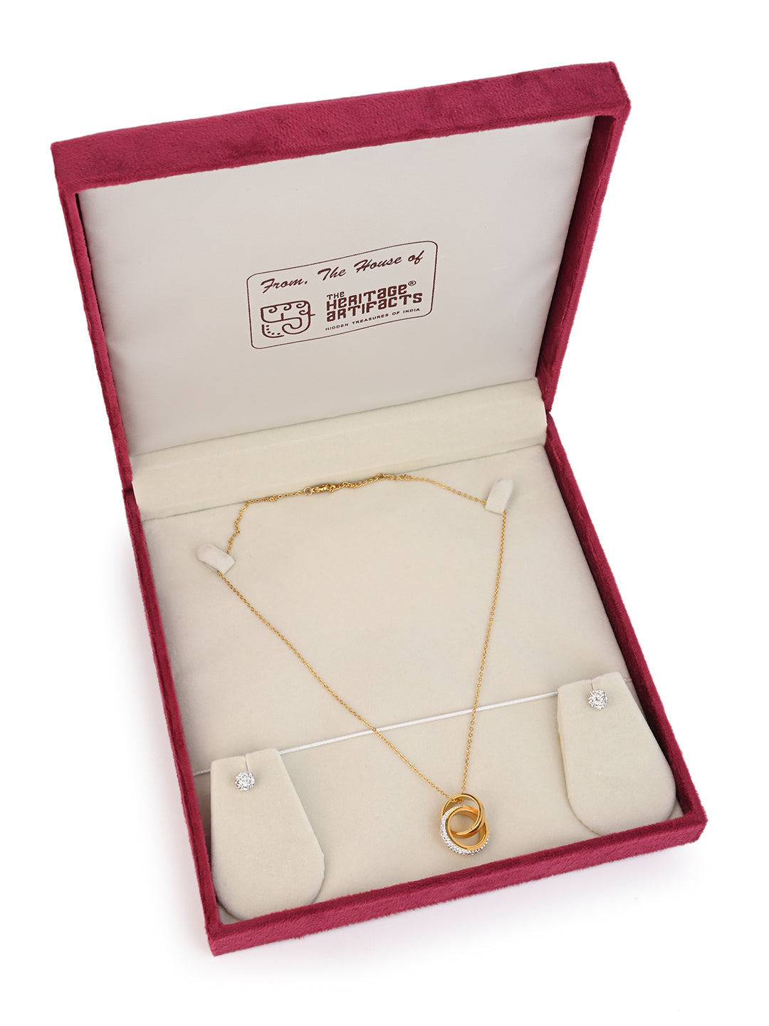 MAURYANA - Stainless Steel 18k Gold Plated Double Ring Pendant Necklace set with Ear Studs