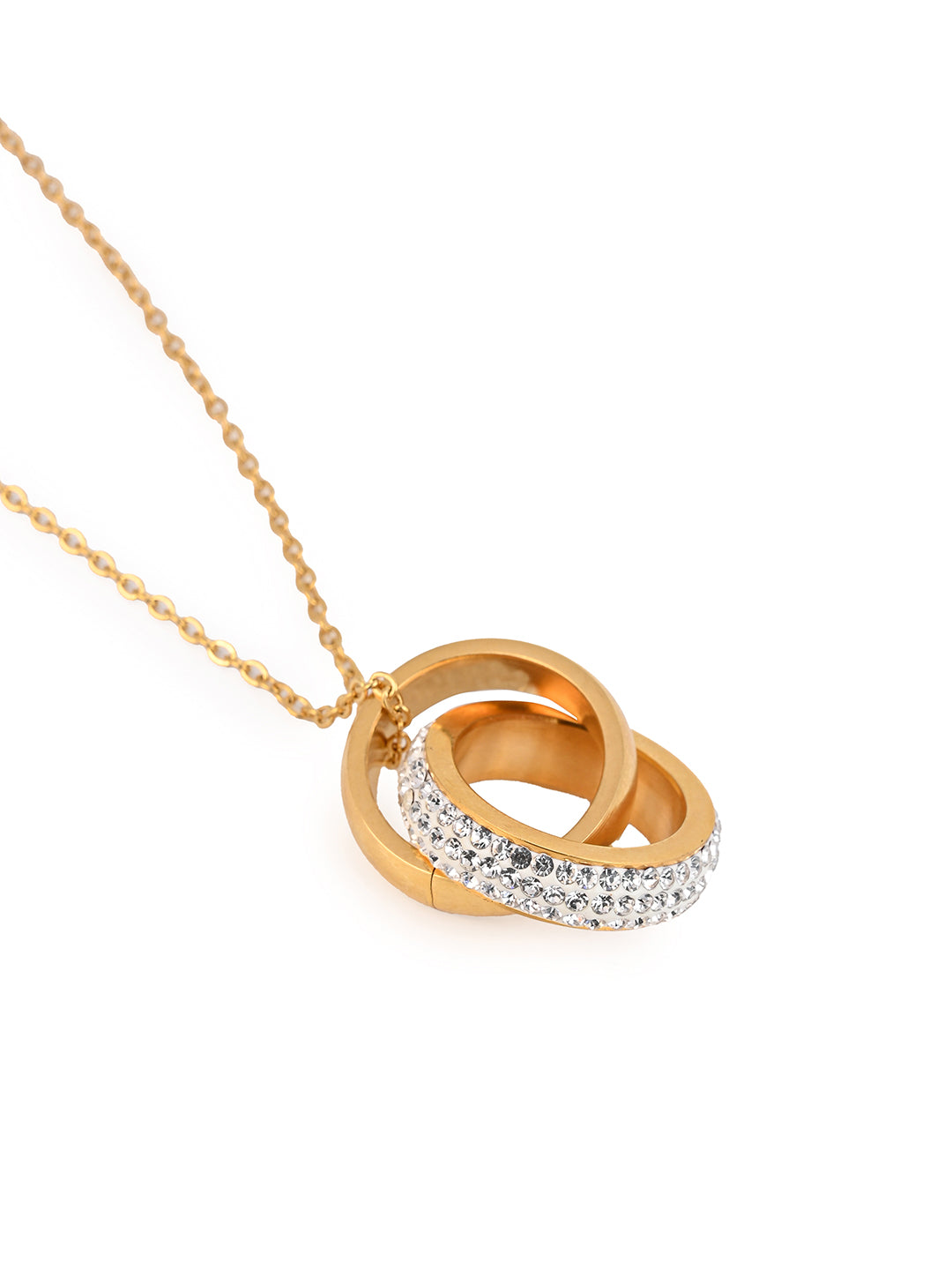 MAURYANA - Stainless Steel 18k Gold Plated Double Ring Pendant Necklace set with Ear Studs