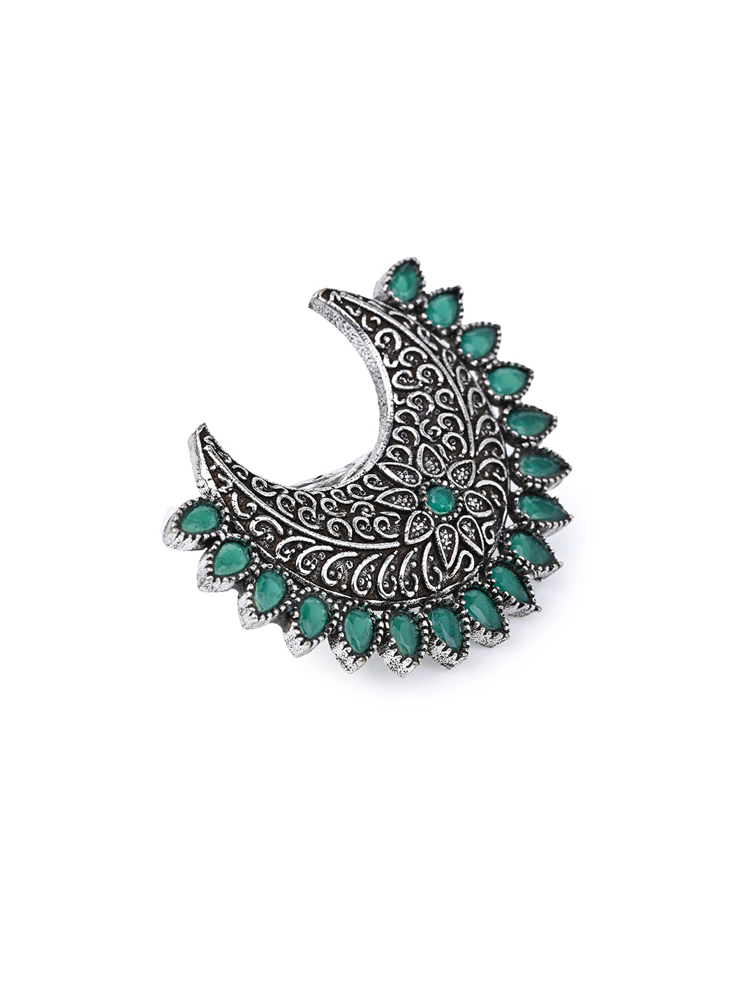MAURYANA - Oxidised silver half moon stone studded ring - adjustable size