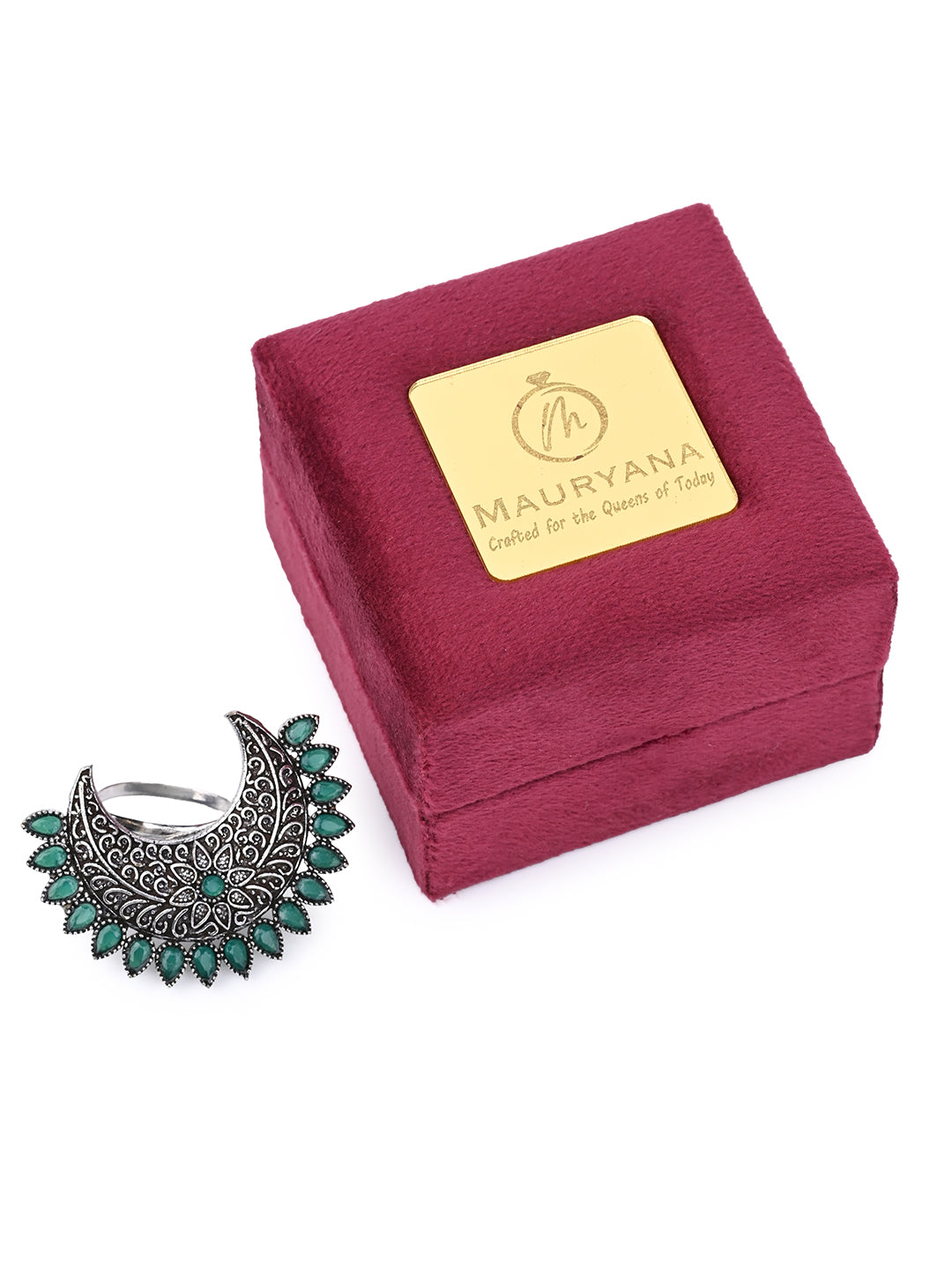 MAURYANA - Oxidised silver half moon stone studded ring - adjustable size