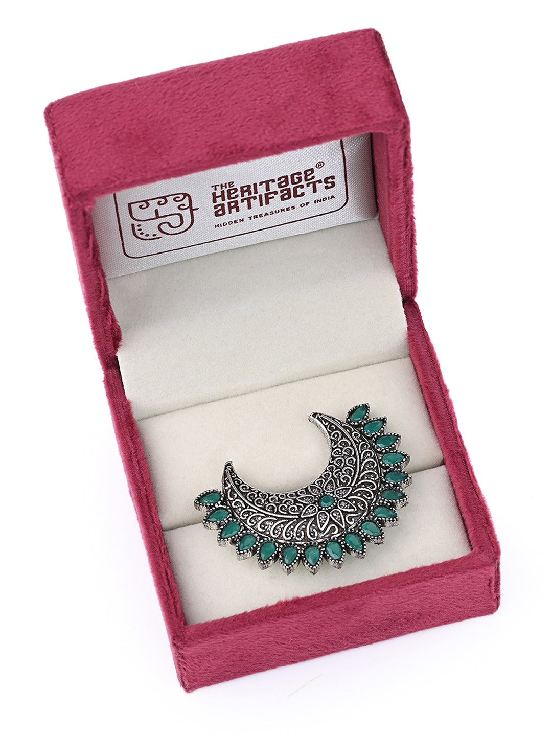 MAURYANA - Oxidised silver half moon stone studded ring - adjustable size