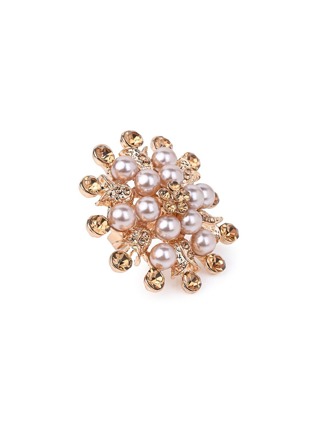 MAURYANA - Rhinestones and Pearl Crafted Flower Design Luxury Ring
