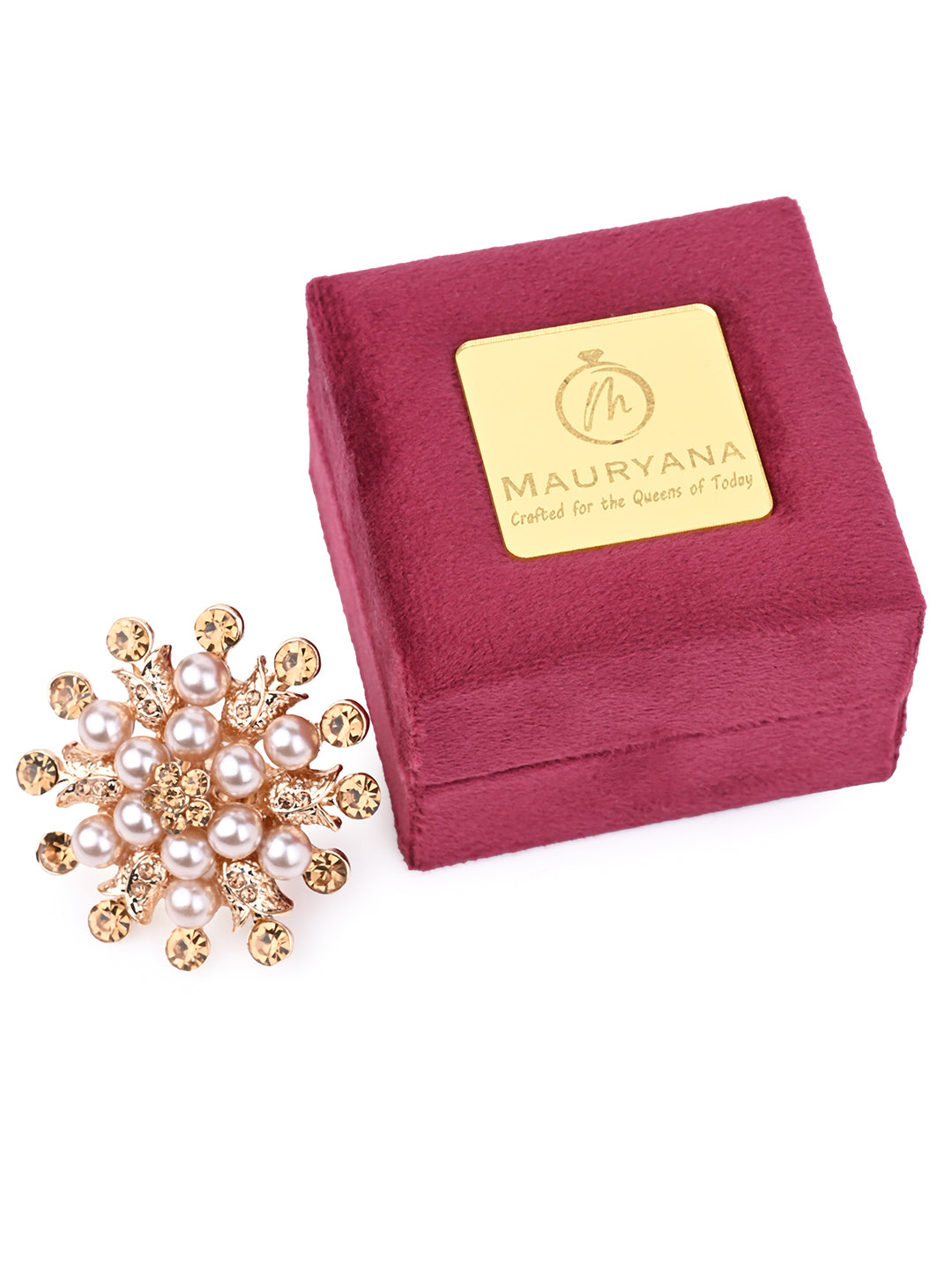 MAURYANA - Rhinestones and Pearl Crafted Flower Design Luxury Ring