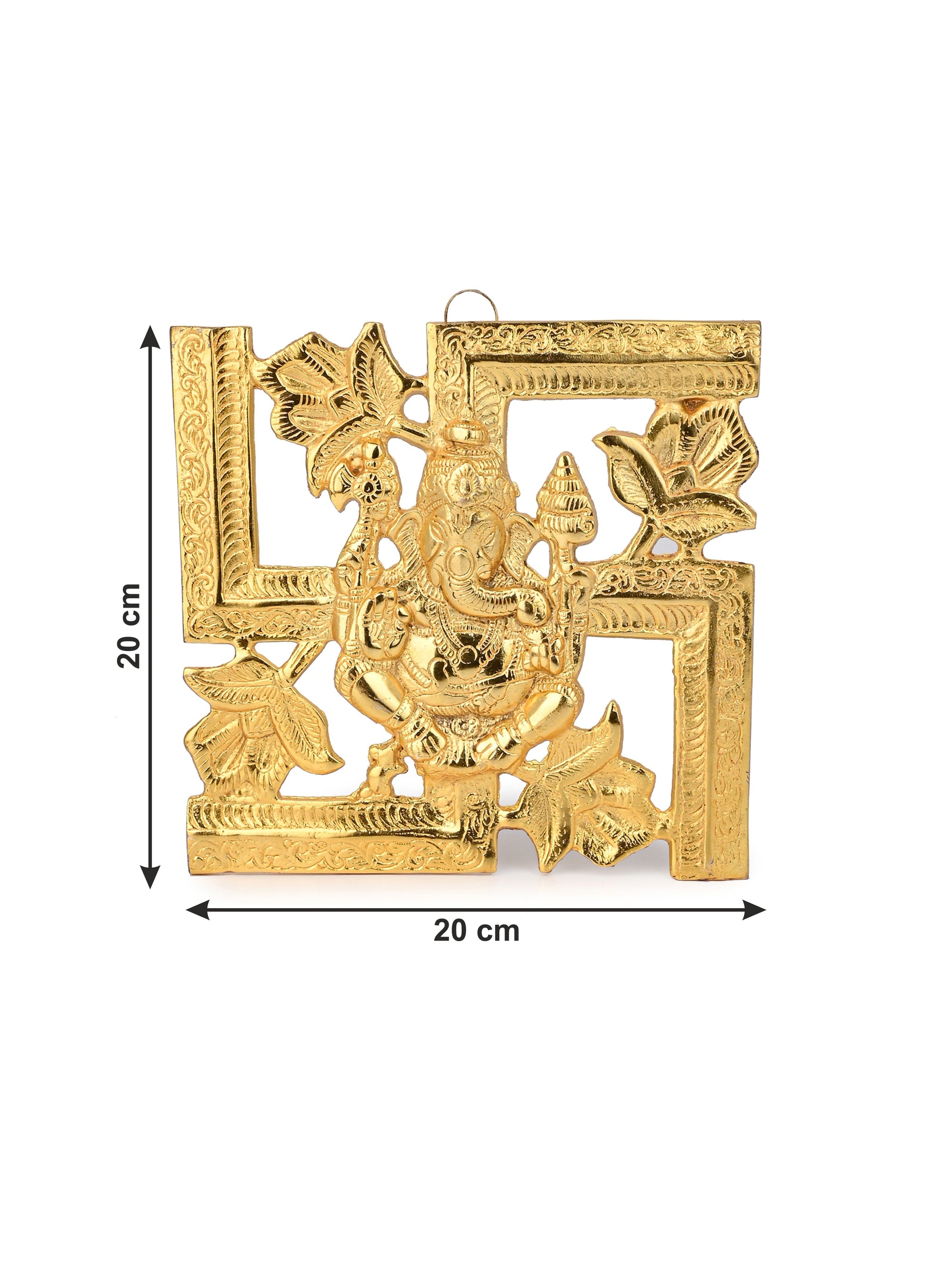 Metal Crafted Golden Swastik Ganesh Hanging Wall Decor - 8 inches