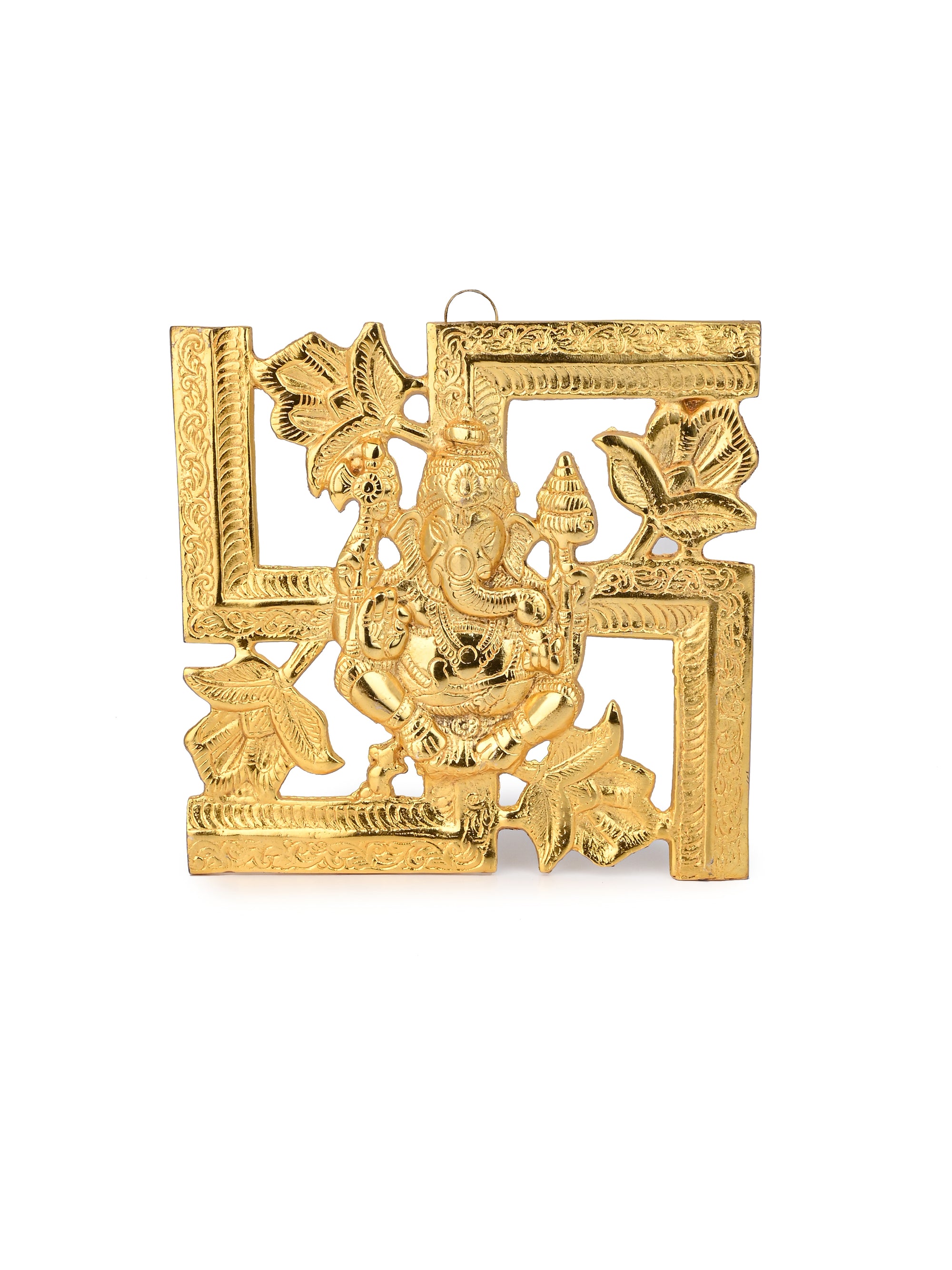 Metal Crafted Golden Swastik Ganesh Hanging Wall Decor - 8 inches