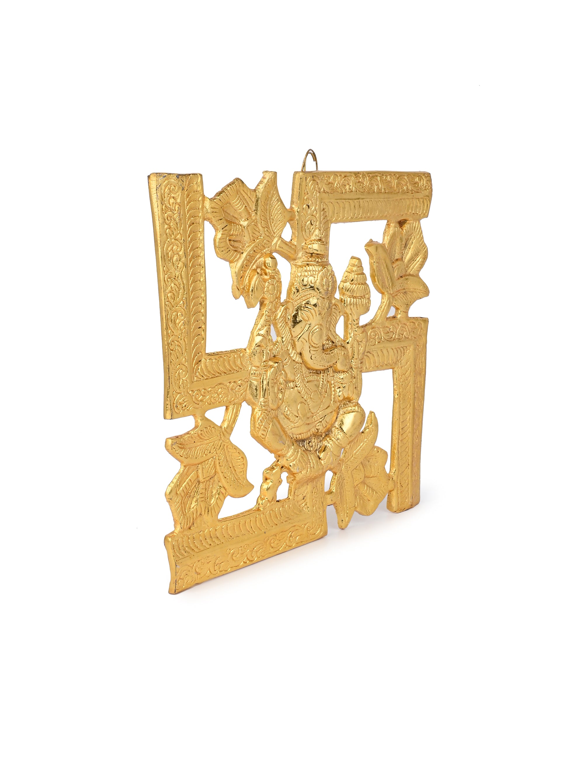 Metal Crafted Golden Swastik Ganesh Hanging Wall Decor - 8 inches