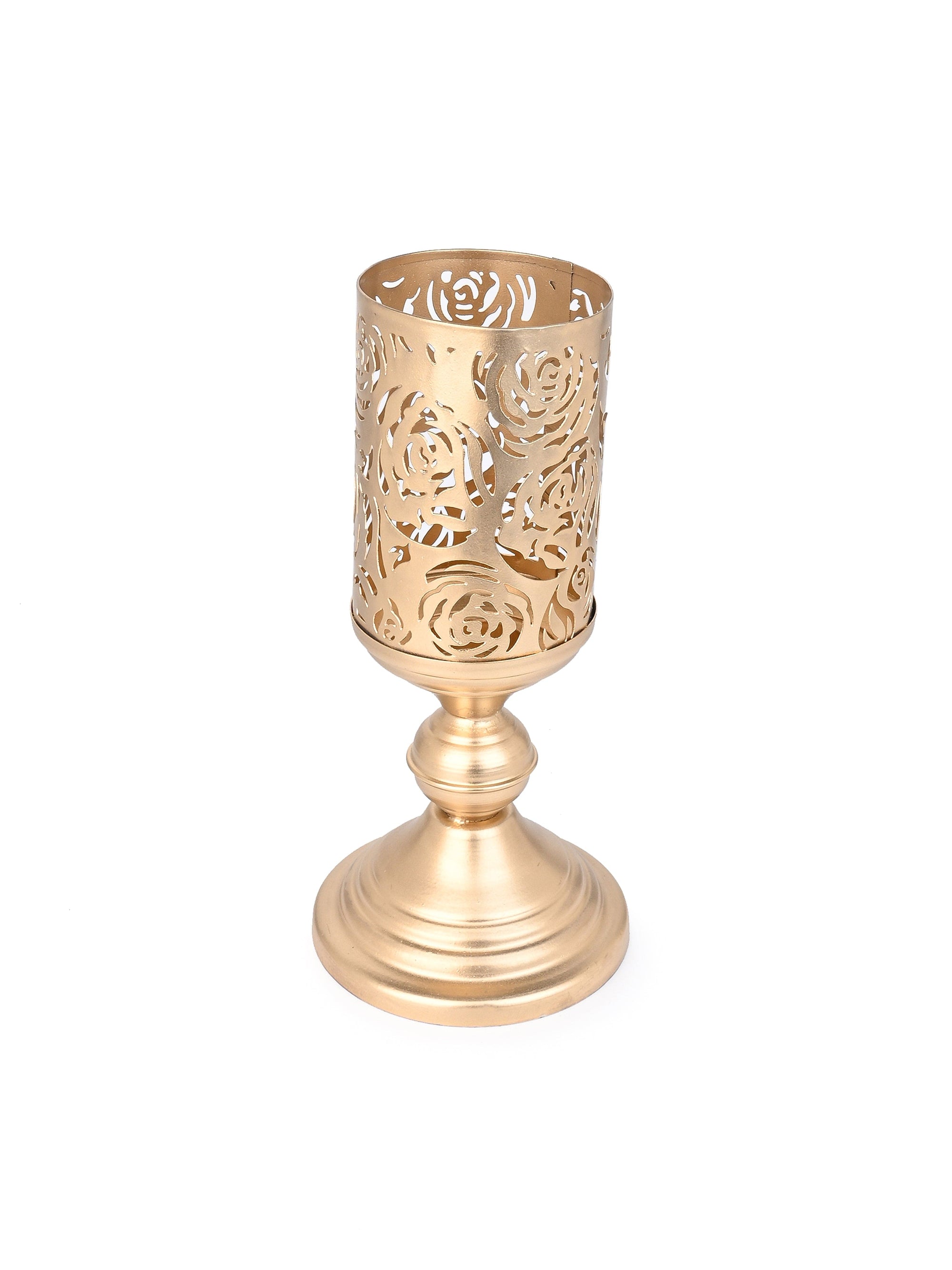 Set of 2 Cylindrical Metal Candle Holders with Cutwork design on the Body