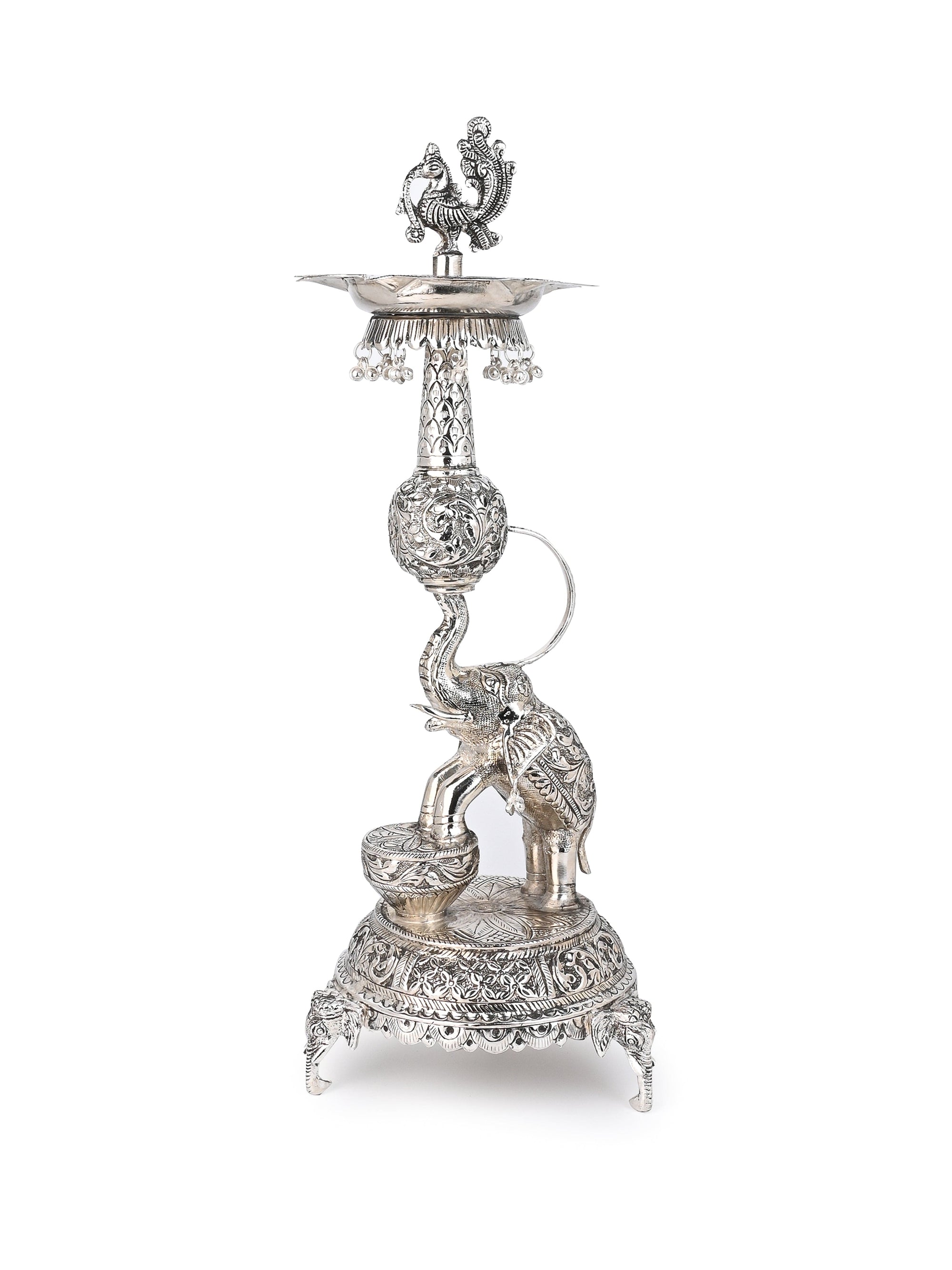 Antique Finish Oxidized Silver Traditional Lamp / Samai for Puja Rituals - 18 inches