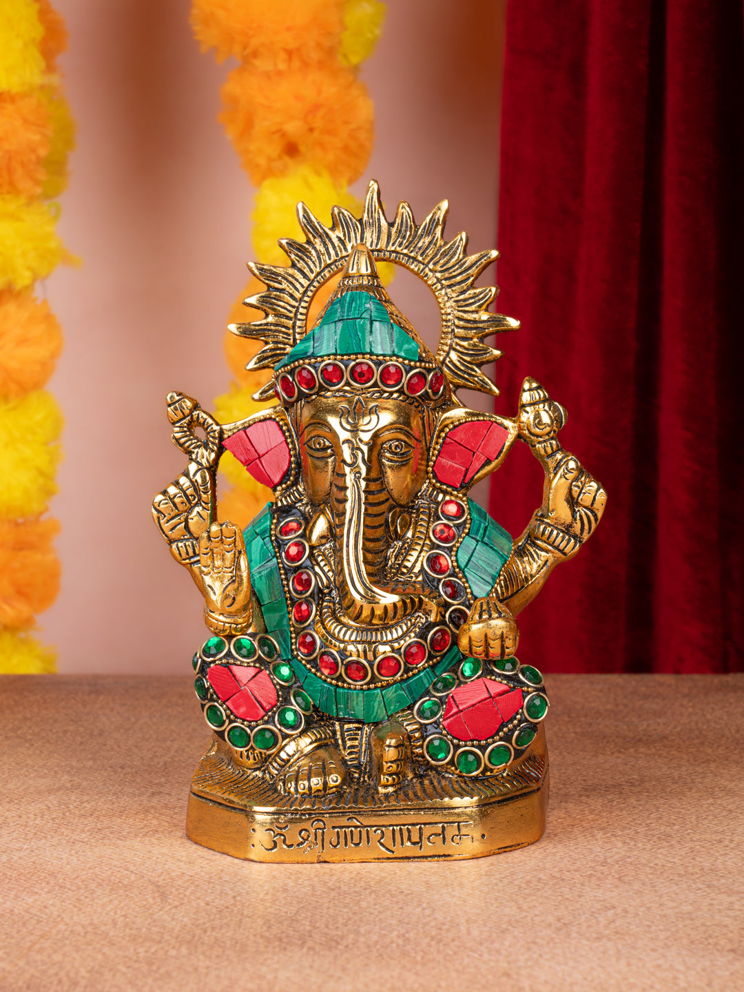 Aluminium Crafted Lord Ganesh Idol with Colorful Stone Embellishment - 8 inches