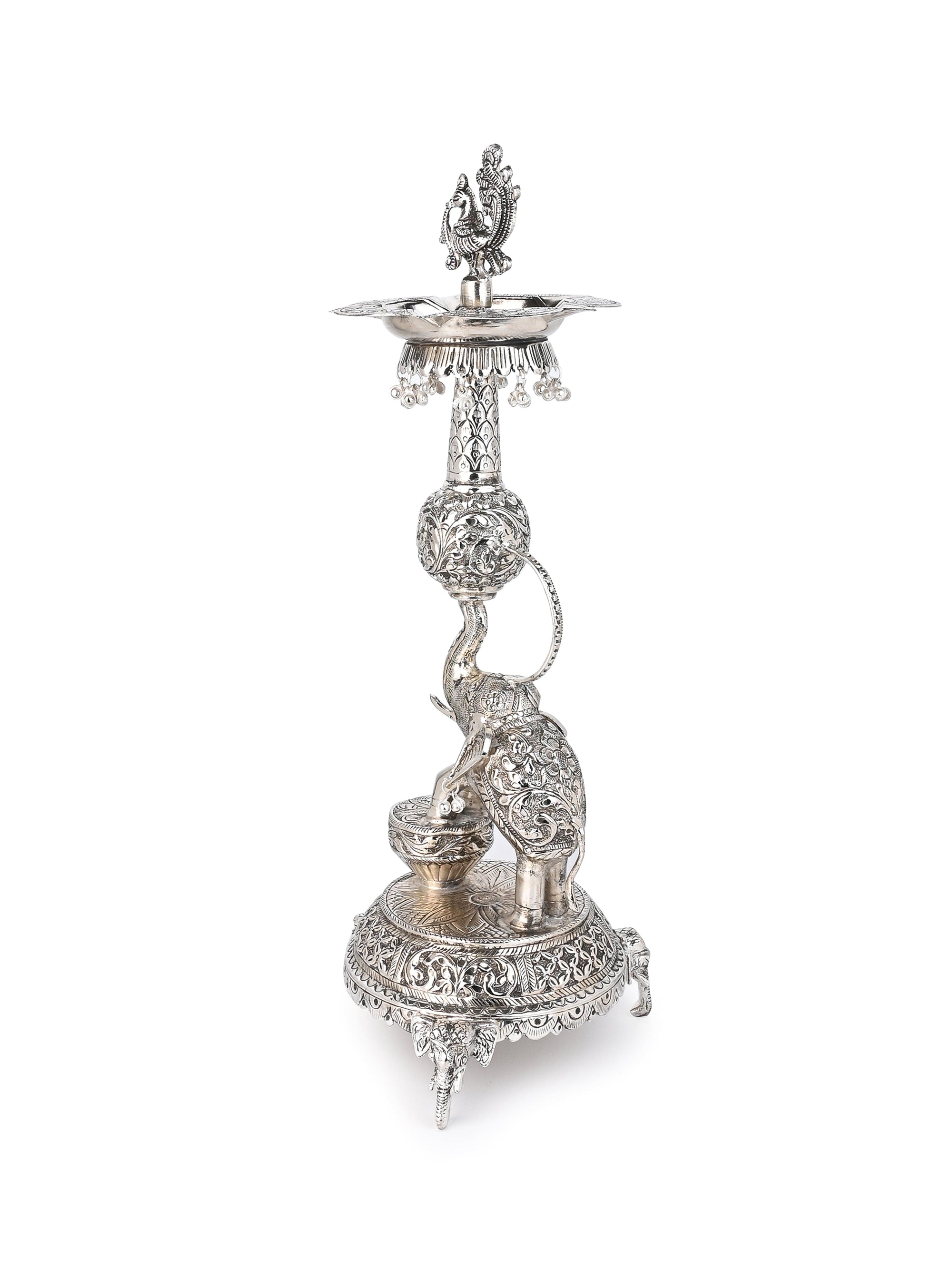 Antique Finish Oxidized Silver Traditional Lamp / Samai for Puja Rituals - 18 inches