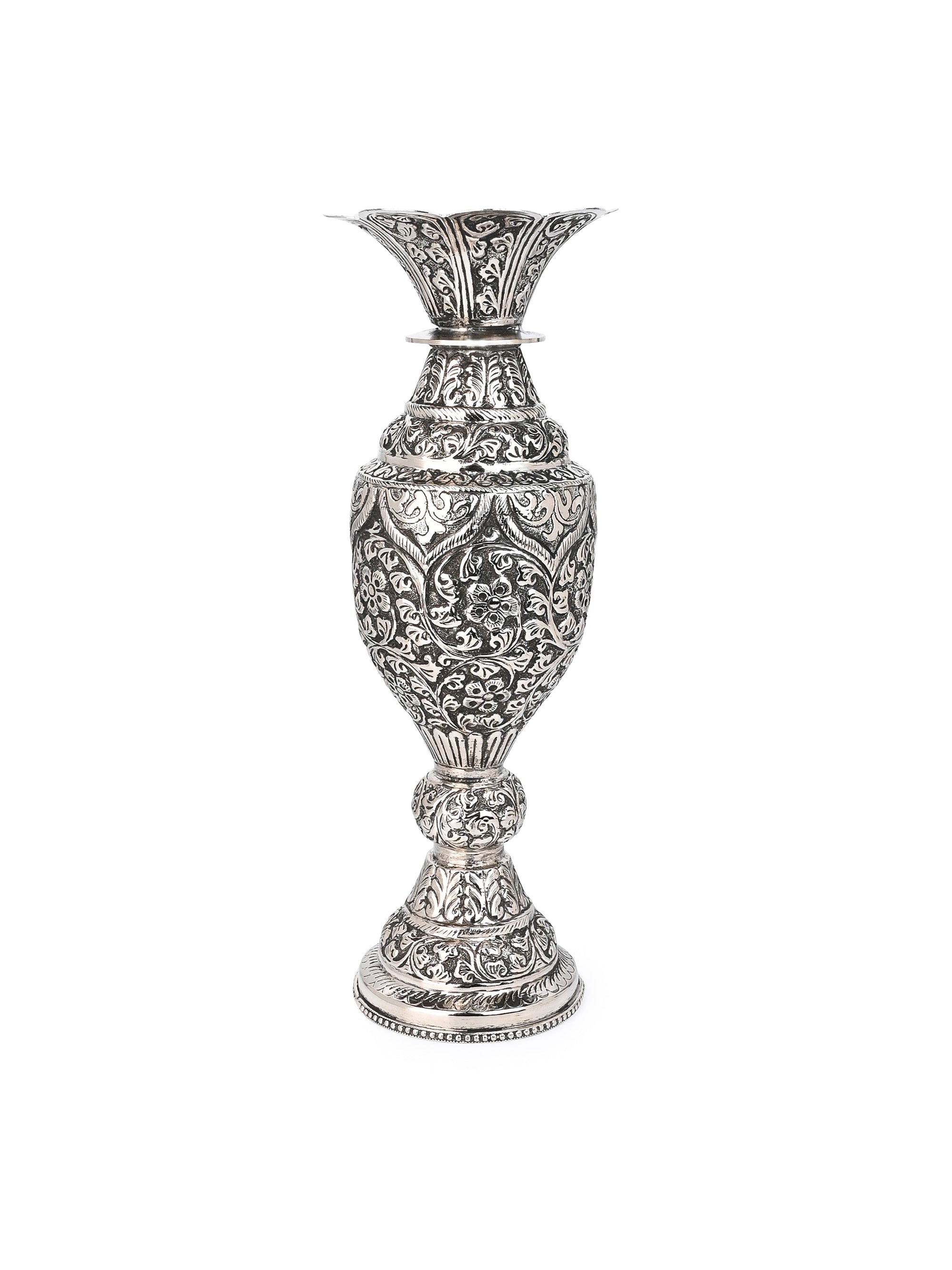 Antique Finish Oxidized Silver Stylish Flower Vase for Home Office Decor - 12 inches