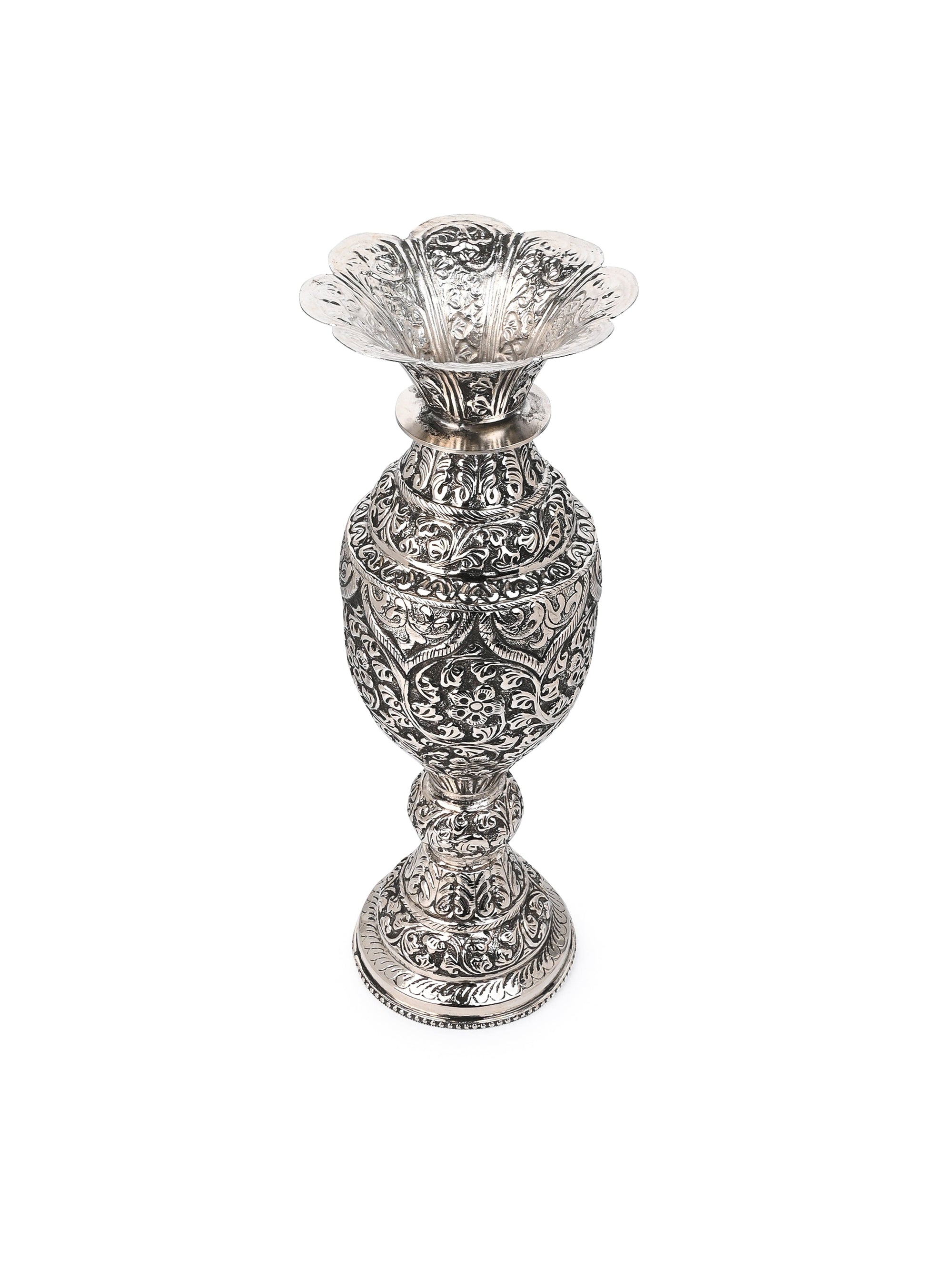 Antique Finish Oxidized Silver Stylish Flower Vase for Home Office Decor - 12 inches