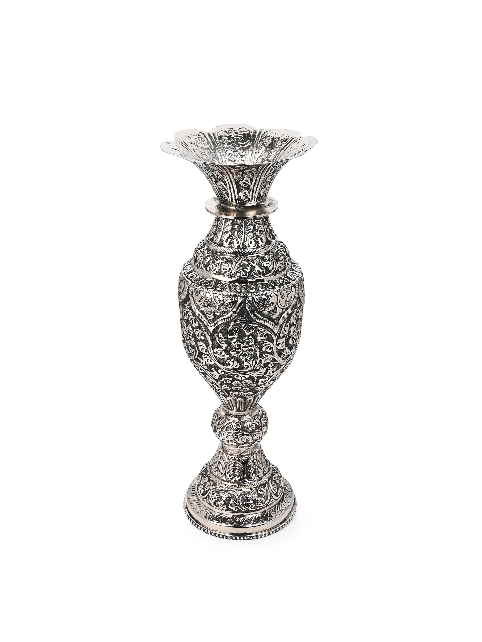 Antique Finish Oxidized Silver Stylish Flower Vase for Home Office Decor - 12 inches