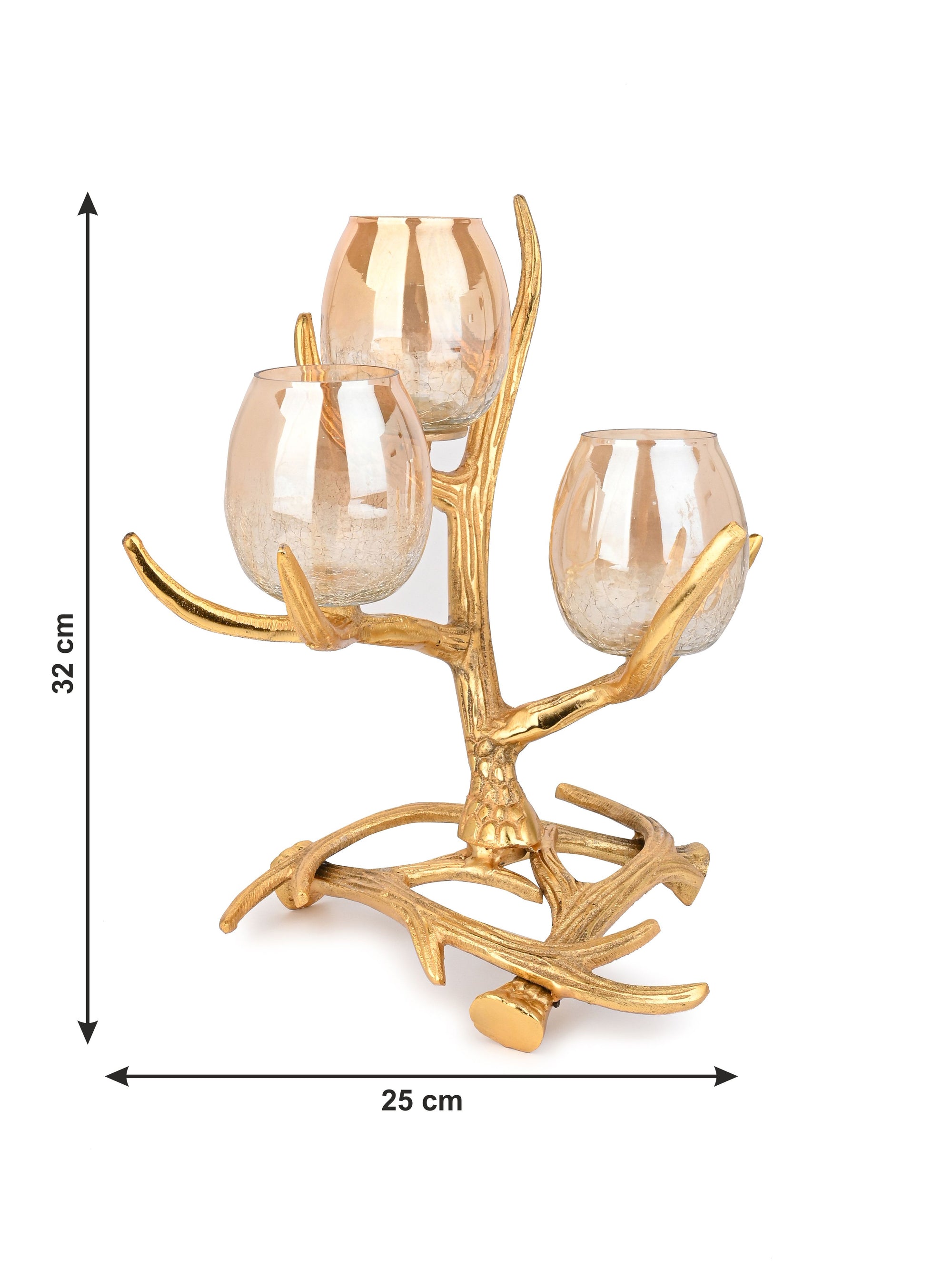 3 piece Glass Candle Holder on a Abstract Branches Design Stand - 12 inches