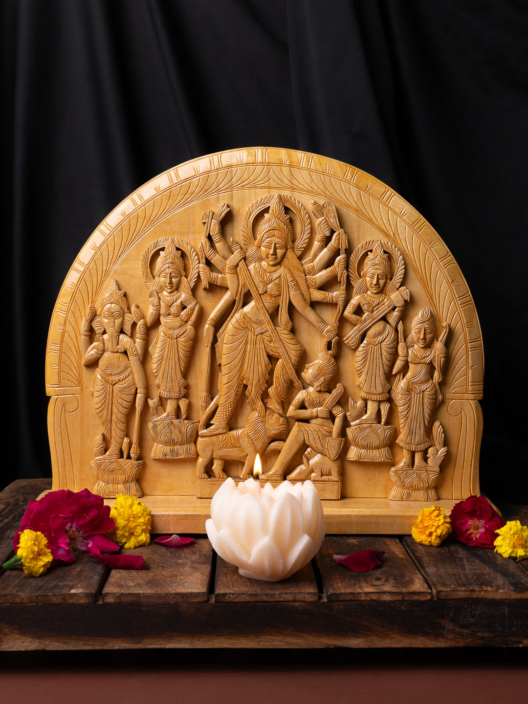 Wood Crafted Devi Durga Parivar for Home Decor - 15 inches