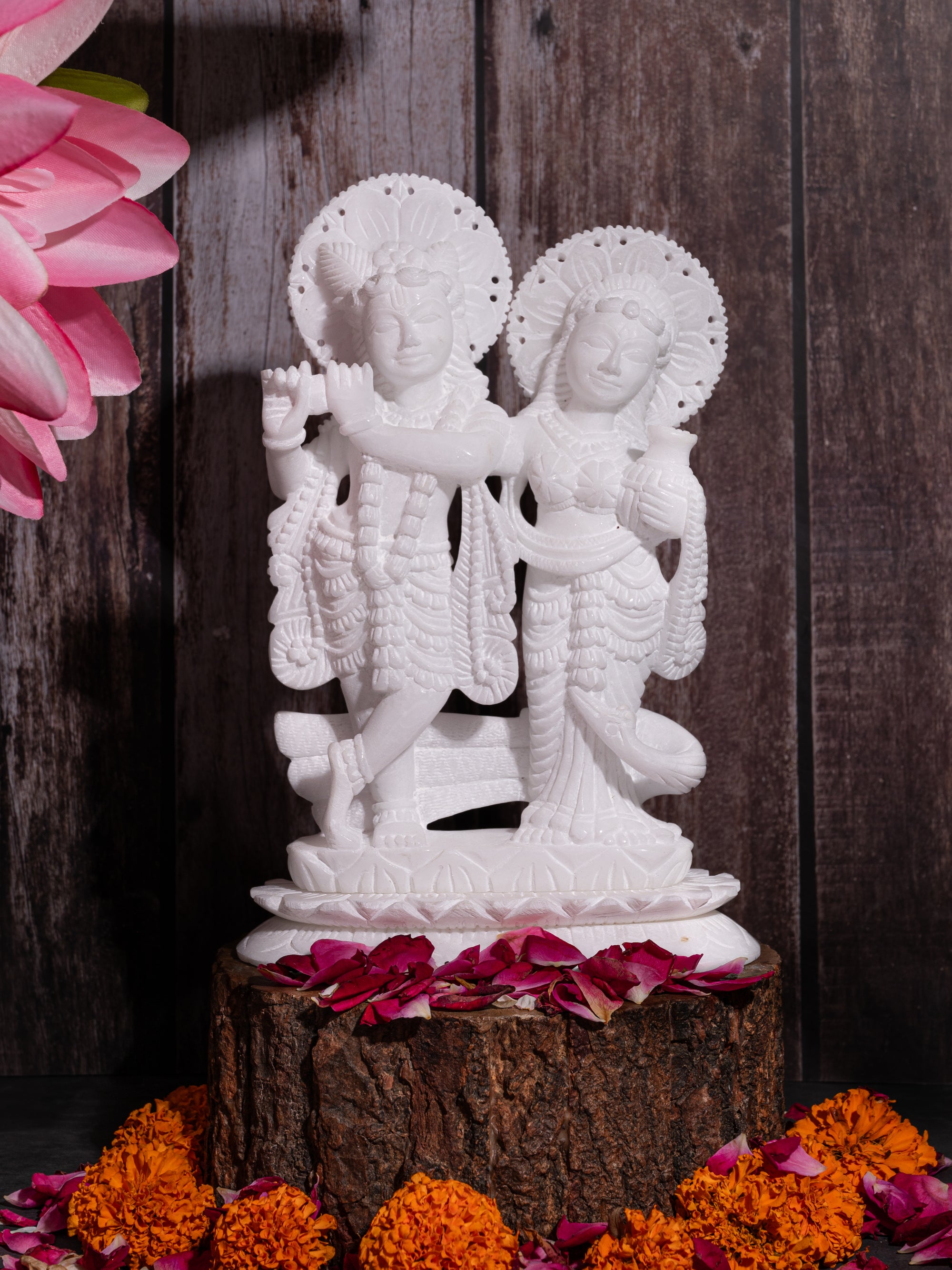 White Marble Stone Crafted Radha Krishna Idol - 10 inches height